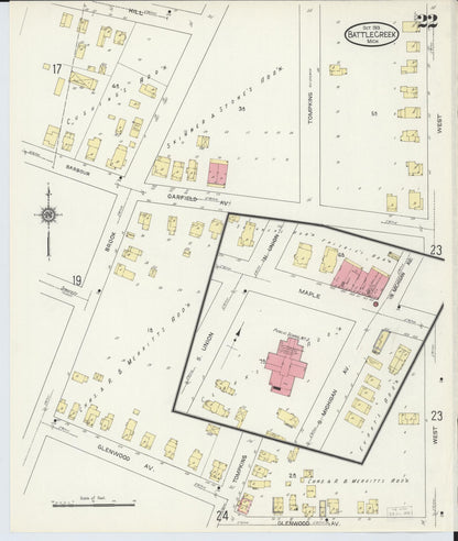 Sanborn Fire Insurance Map from Battle Creek, Calhoun County, Michigan (1913), Sheet #0022 - Historic Sanborn Fire Insurance Map Print, vintage old map wall art, antique decor, genealogy gift, Michigan Michigan map