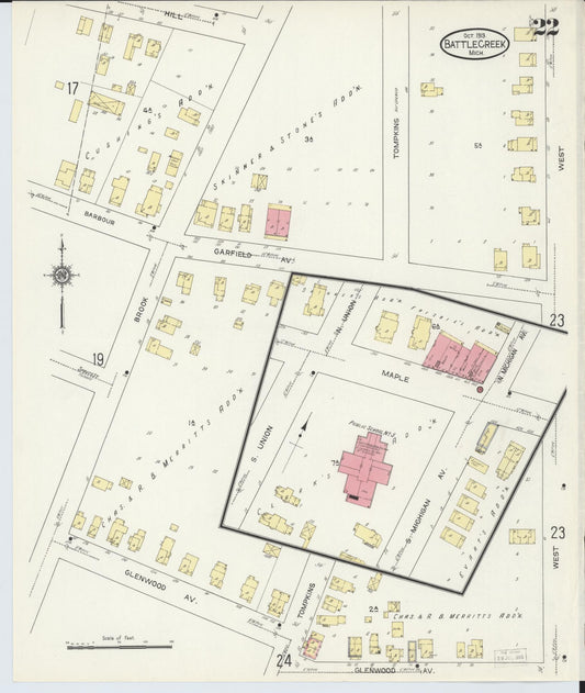 Sanborn Fire Insurance Map from Battle Creek, Calhoun County, Michigan (1913), Sheet #0022 - Historic Sanborn Fire Insurance Map Print, vintage old map wall art, antique decor, genealogy gift, Michigan Michigan map