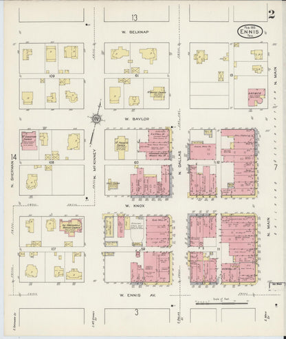 Sanborn Fire Insurance Map from Ennis, Ellis County, Texas (1915), Sheet #0002 - Complete Map Set gallery image, historic Sanborn map, vintage wall art, Texas Texas