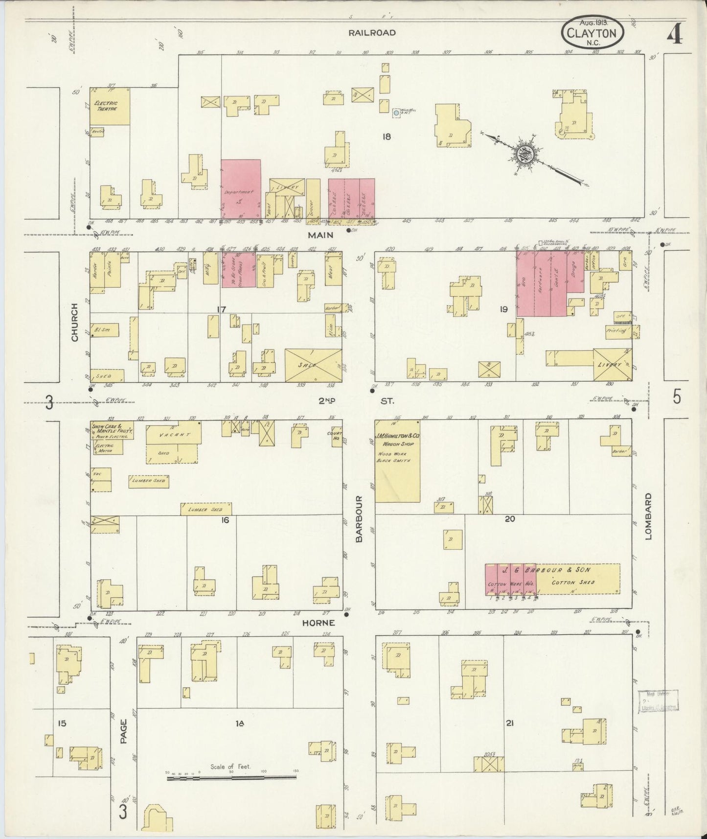 Sanborn Fire Insurance Map from Clayton, Johnston County, North Carolina (1913), Sheet #0004 - Historic Sanborn Fire Insurance Map Print, vintage old map wall art, antique decor, genealogy gift, North Carolina North Carolina map