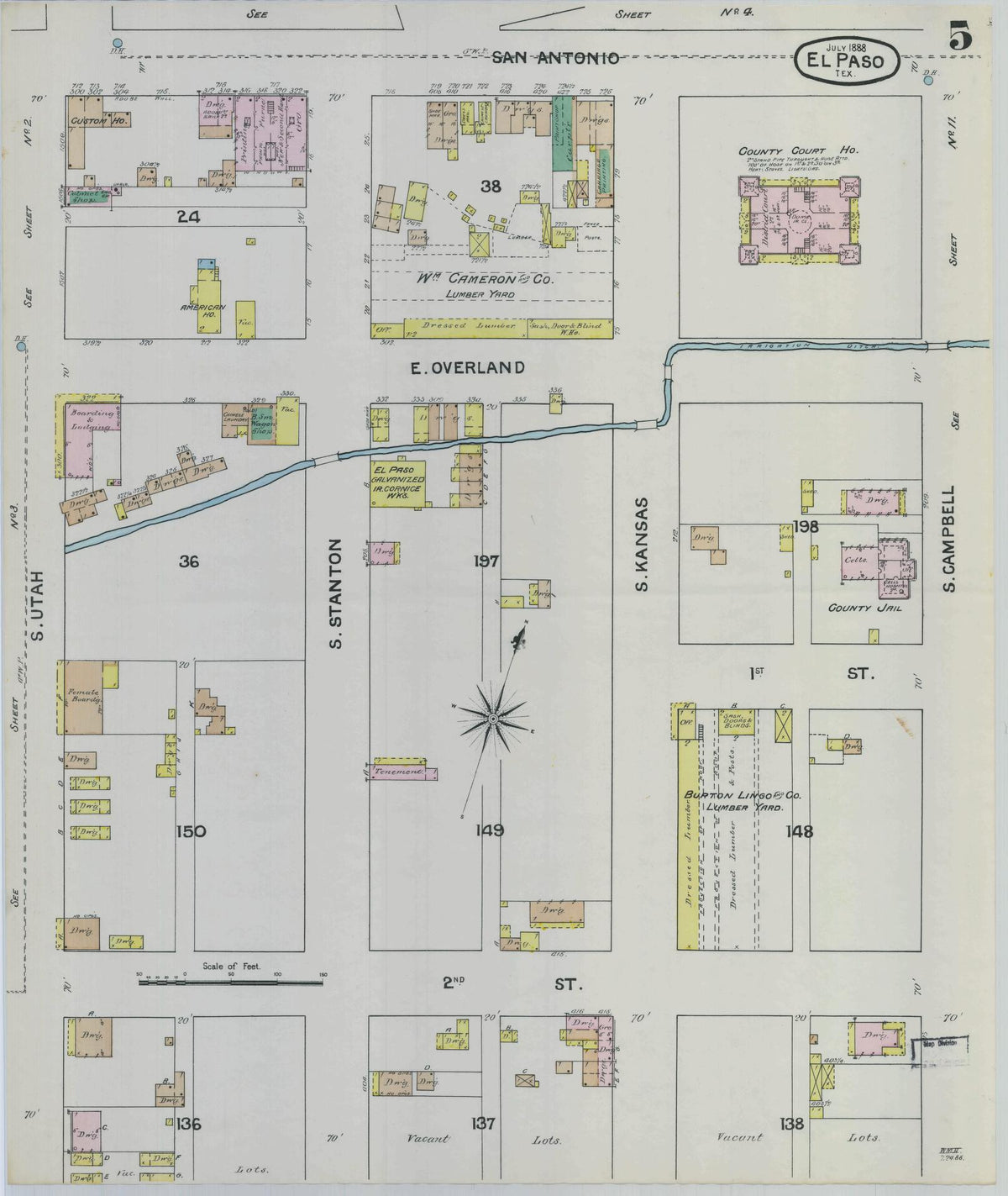 Sanborn Fire Insurance Map from El Paso, El Paso County, Texas (1888), Sheet #0005 - Historic Sanborn Fire Insurance Map Print, vintage old map wall art, antique decor, genealogy gift, Texas Texas map