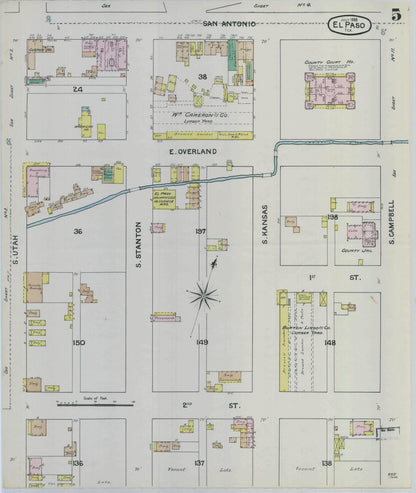 Sanborn Fire Insurance Map from El Paso, El Paso County, Texas (1888), Sheet #0005 - Historic Sanborn Fire Insurance Map Print, vintage old map wall art, antique decor, genealogy gift, Texas Texas map
