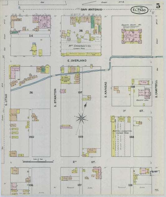 Sanborn Fire Insurance Map from El Paso, El Paso County, Texas (1888), Sheet #0005 - Historic Sanborn Fire Insurance Map Print, vintage old map wall art, antique decor, genealogy gift, Texas Texas map