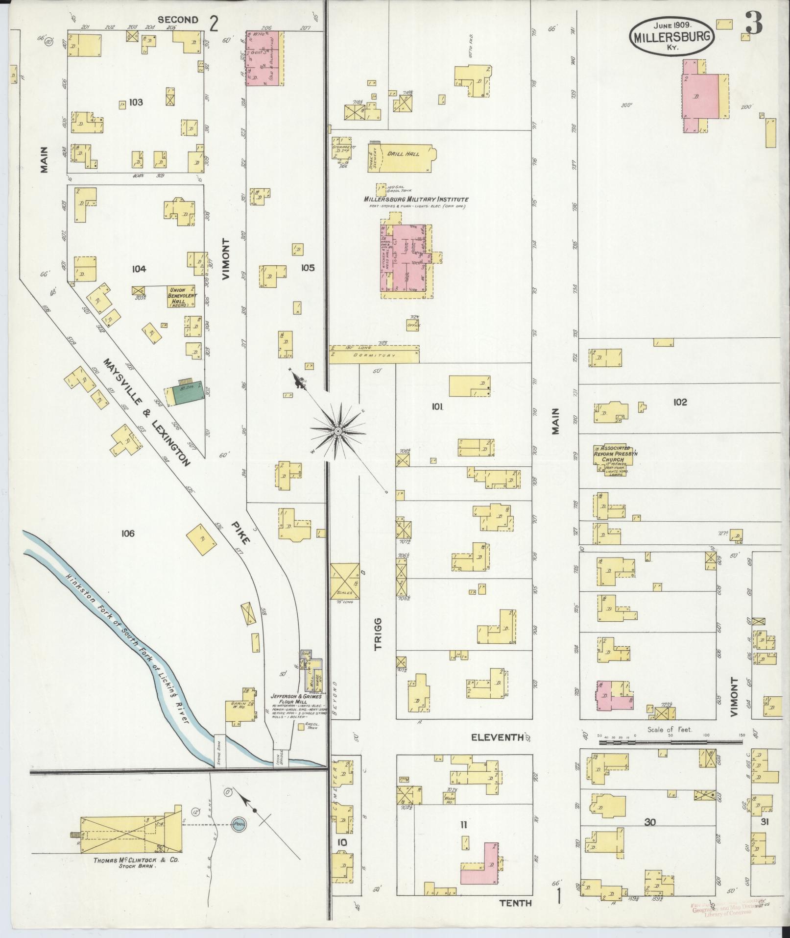Sanborn Fire Insurance Map from Millersburg, Bourbon County, Kentucky (1909), Sheet #0003 - Historic Sanborn Fire Insurance Map Print, vintage old map wall art, antique decor, genealogy gift, Kentucky Kentucky map