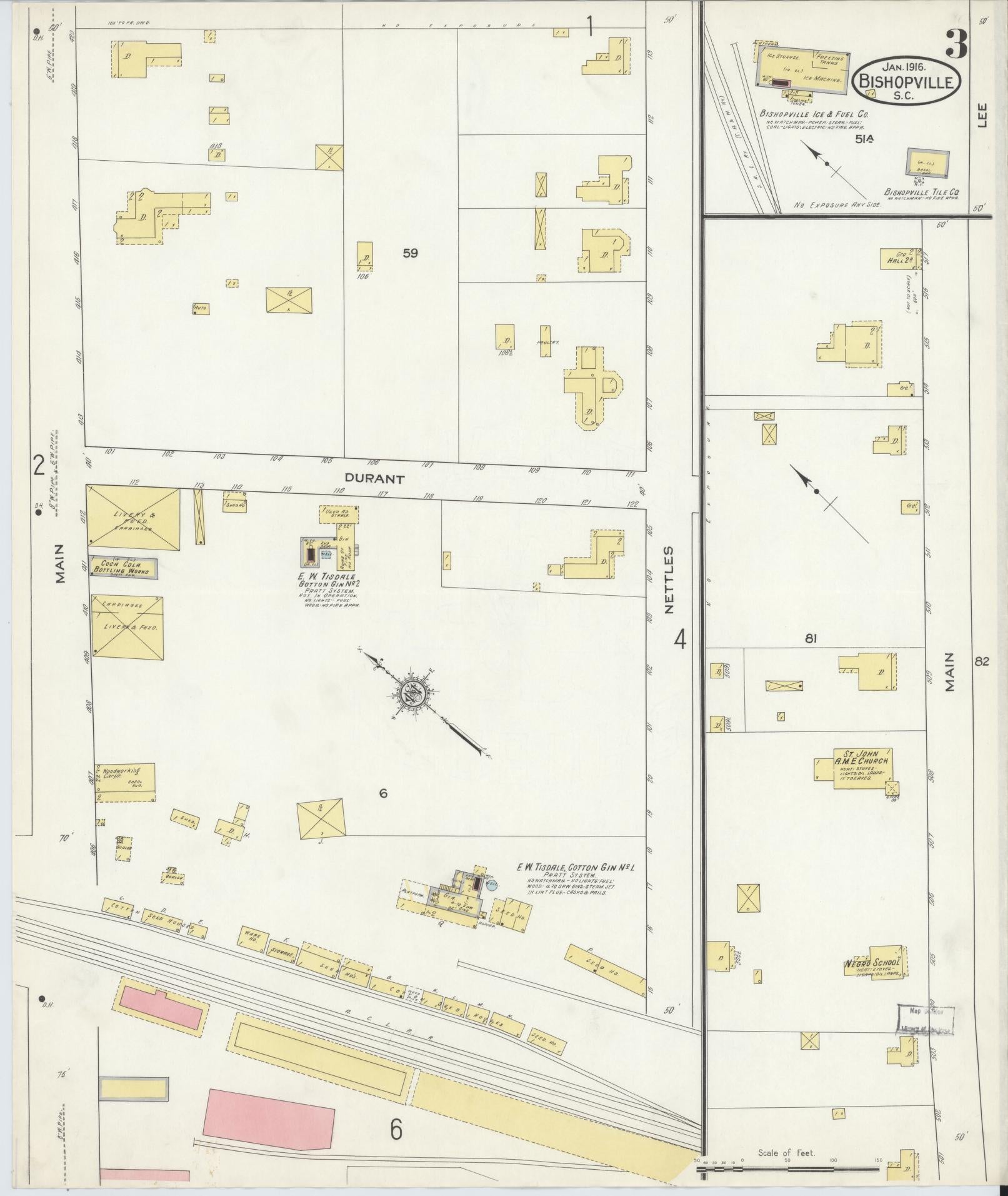 Sanborn Fire Insurance Map from Bishopville, Lee County, South Carolina (1916), Sheet #0003 - Historic Sanborn Fire Insurance Map Print, vintage old map wall art, antique decor, genealogy gift, South Carolina South Carolina map