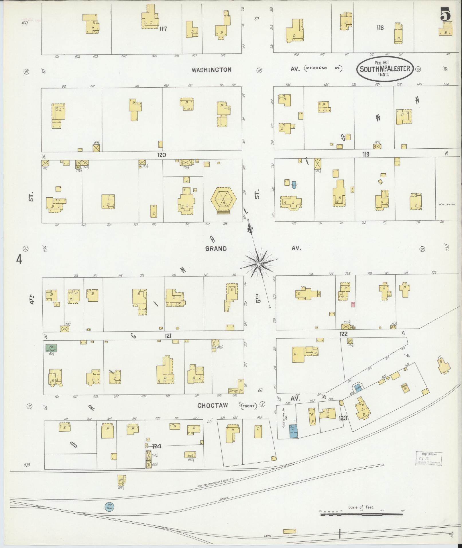 Sanborn Fire Insurance Map from South McAlester, Pittsburg County, Oklahoma (1901), Sheet #0005 - Historic Sanborn Fire Insurance Map Print, vintage old map wall art, antique decor, genealogy gift, Oklahoma Oklahoma map