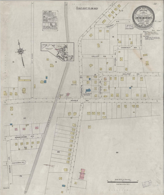 Sanborn Fire Insurance Map from Linthicum Heights, Anne Arundel County, Maryland (1924), Sheet #0001 - Historic Sanborn Fire Insurance Map Print, vintage old map wall art, antique decor, genealogy gift, Maryland Maryland map