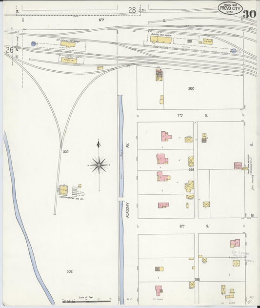 Sanborn Fire Insurance Map from Provo, Utah County, Utah (1908), Sheet #0030 - Historic Sanborn Fire Insurance Map Print, vintage old map wall art, antique decor, genealogy gift, Provo Utah map