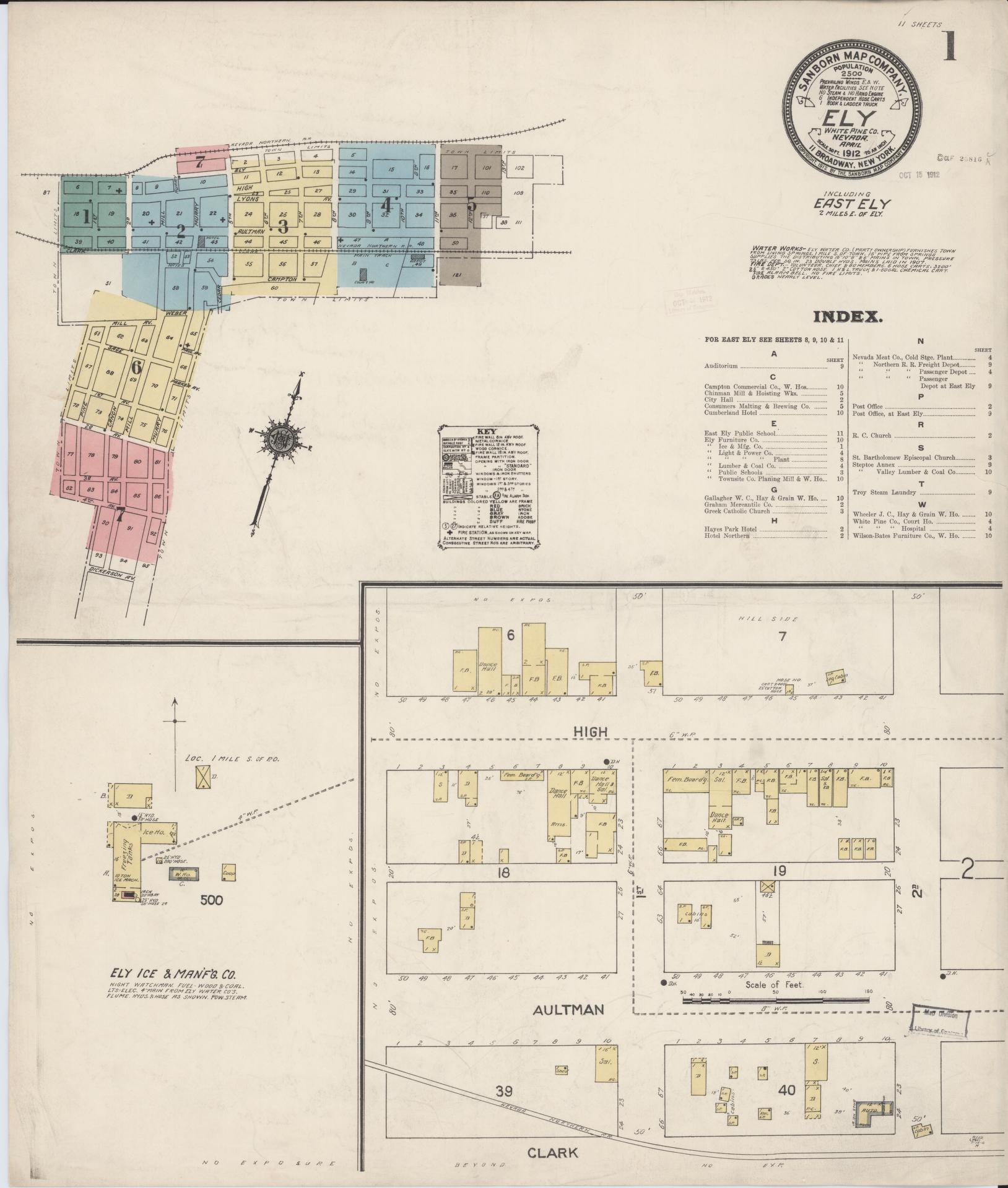 Sanborn Fire Insurance Map from Ely, White Pine County, Nevada (1912), Sheet #0001 - Complete Map Set gallery image, historic Sanborn map, vintage wall art, Nevada Nevada