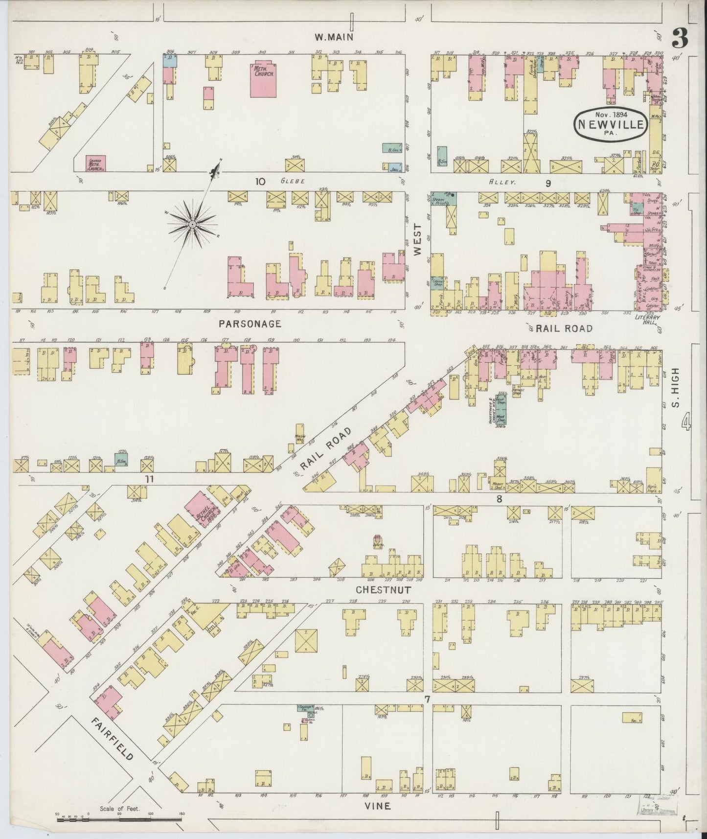 Sanborn Fire Insurance Map from Newville, Cumberland County, Pennsylvania (1894), Sheet #0003 - Historic Sanborn Fire Insurance Map Print, vintage old map wall art, antique decor, genealogy gift, Pennsylvania Pennsylvania map
