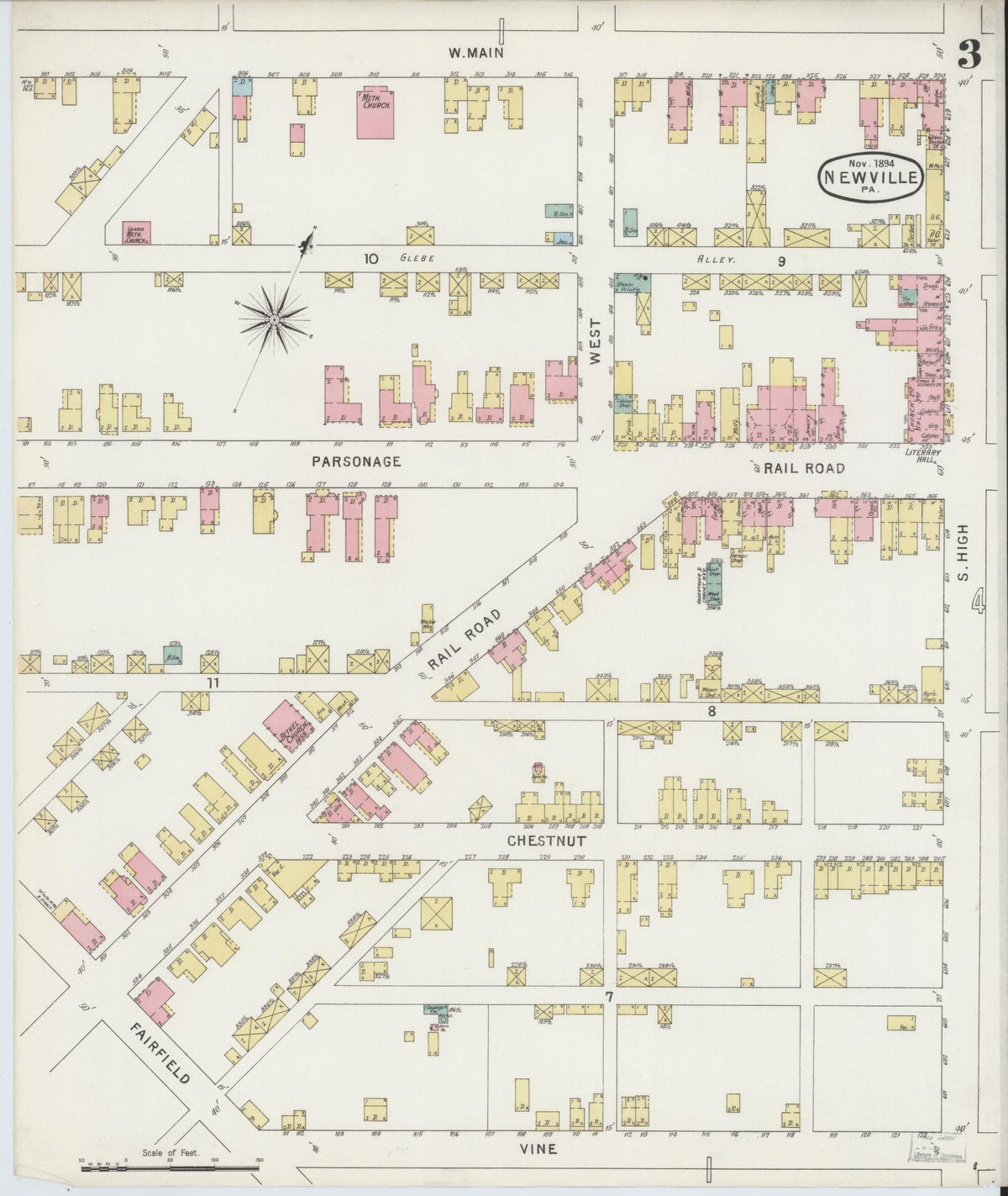 Sanborn Fire Insurance Map from Newville, Cumberland County, Pennsylvania (1894), Sheet #0003 - Historic Sanborn Fire Insurance Map Print, vintage old map wall art, antique decor, genealogy gift, Pennsylvania Pennsylvania map