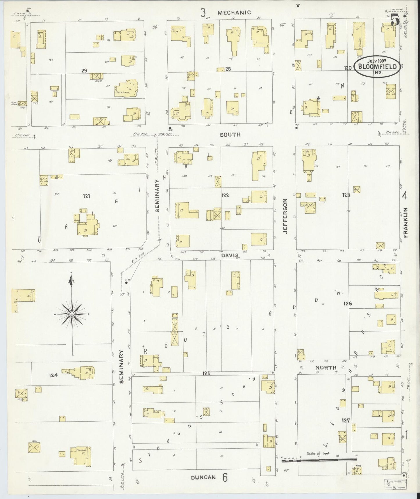 Sanborn Fire Insurance Map from Bloomfield, Greene County, Indiana (1907), Sheet #0005 - Complete Map Set gallery image, historic Sanborn map, vintage wall art, Indiana Indiana