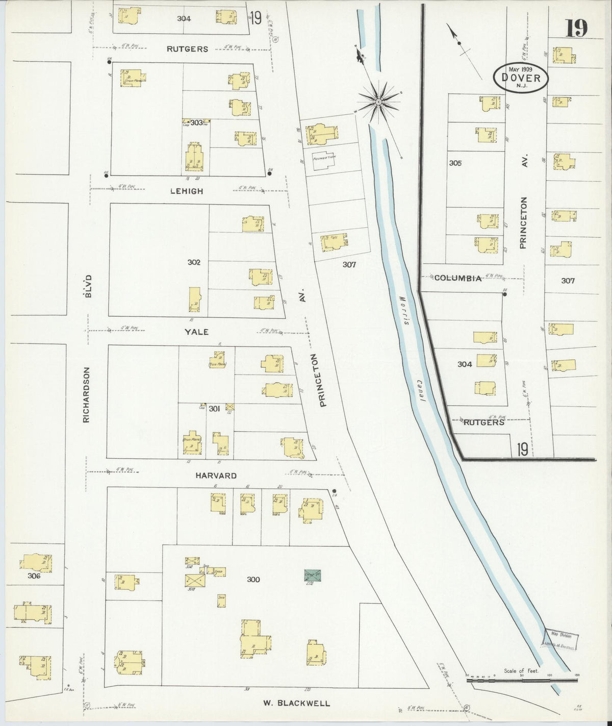 Sanborn Fire Insurance Map from Dover, Morris County, New Jersey (1909), Sheet #0019 - Historic Sanborn Fire Insurance Map Print, vintage old map wall art, antique decor, genealogy gift, New Jersey New Jersey map