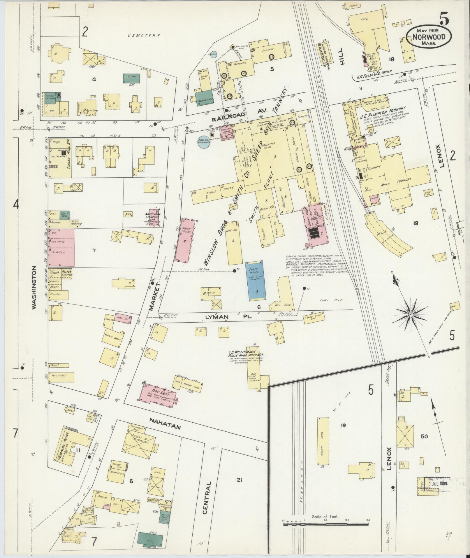 Sanborn Fire Insurance Map from Norwood, Norfolk County, Massachusetts (1909), Sheet #0005 - Complete Map Set gallery image, historic Sanborn map, vintage wall art, Massachusetts Massachusetts