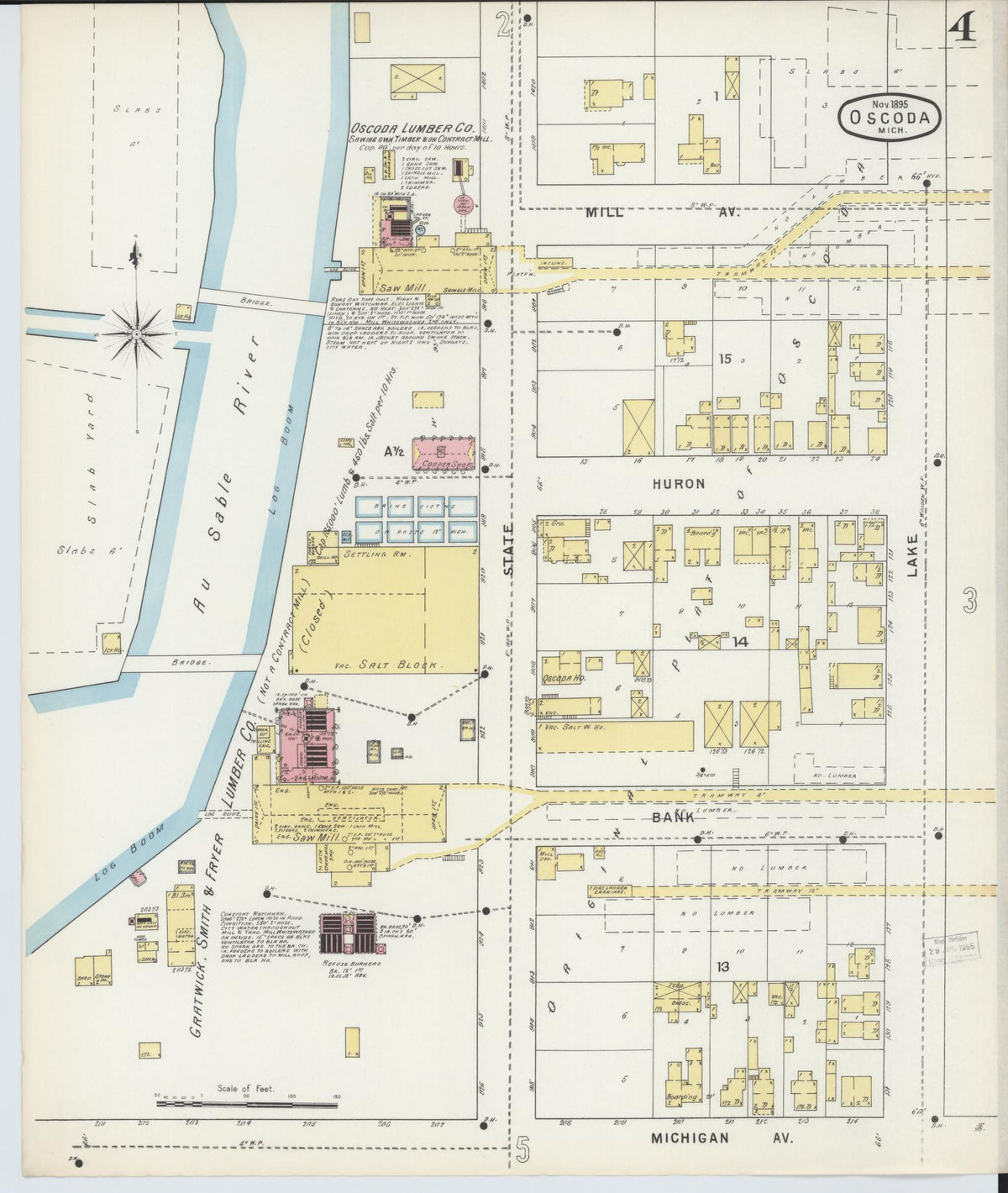 Sanborn Fire Insurance Map from Oscoda, Iosco County, Michigan (1895), Sheet #0004 - Historic Sanborn Fire Insurance Map Print, vintage old map wall art, antique decor, genealogy gift, Michigan Michigan map