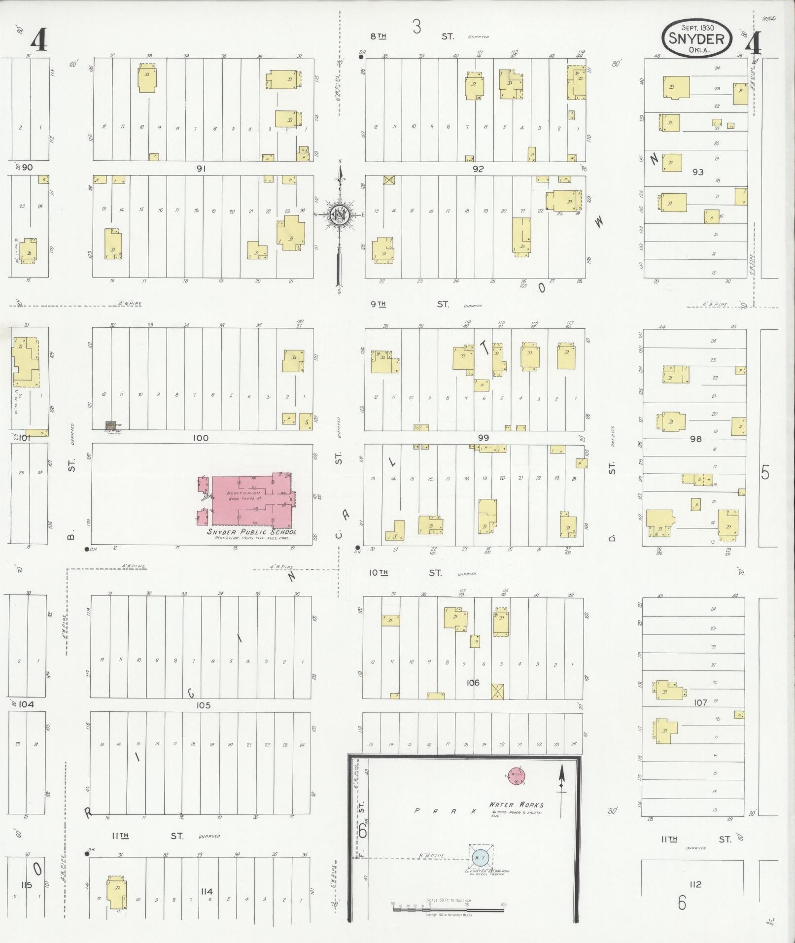 Sanborn Fire Insurance Map from Snyder, Kiowa County, Oklahoma (1930), Sheet #0004 - Historic Sanborn Fire Insurance Map Print, vintage old map wall art, antique decor, genealogy gift, Oklahoma Oklahoma map