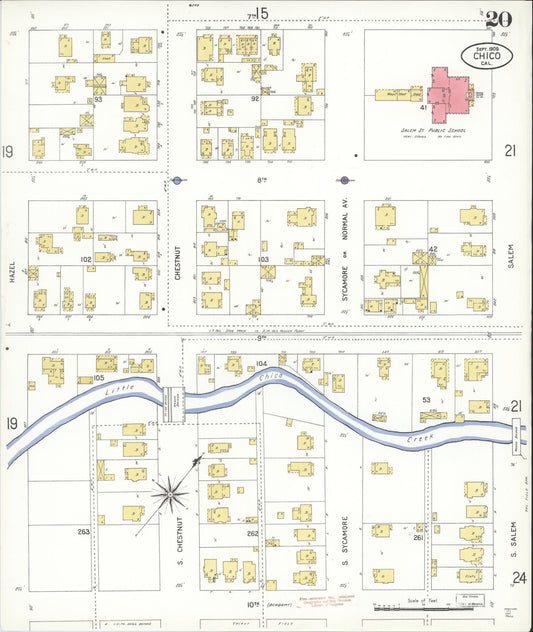 Sanborn Fire Insurance Map from Chico, Butte County, California (1909), Sheet #0020 - Historic Sanborn Fire Insurance Map Print, vintage old map wall art, antique decor, genealogy gift, California California map