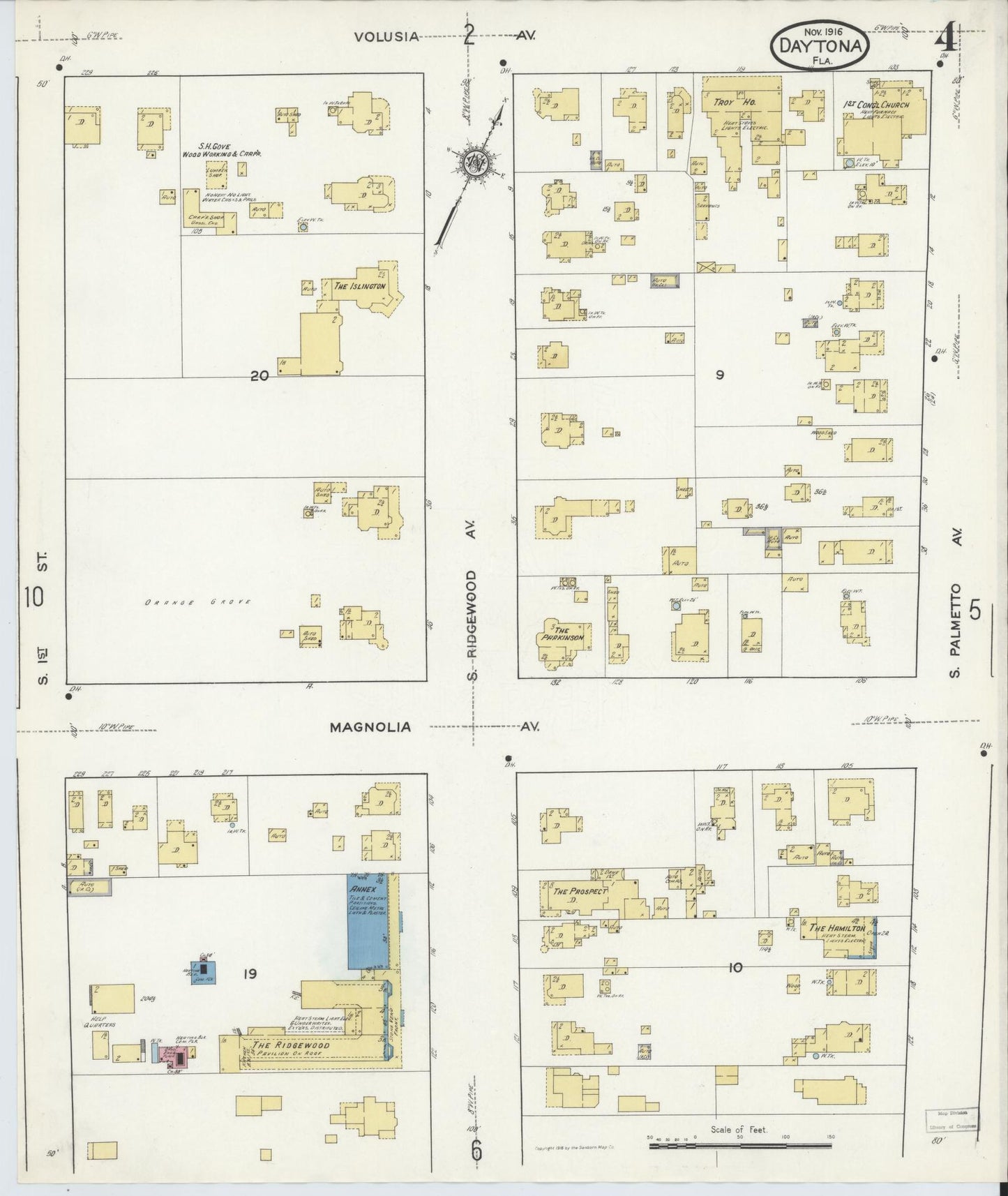 Sanborn Fire Insurance Map from Daytona, Volusia County, Florida (1916), Sheet #0004 - Historic Sanborn Fire Insurance Map Print, vintage old map wall art, antique decor, genealogy gift, Florida Florida map