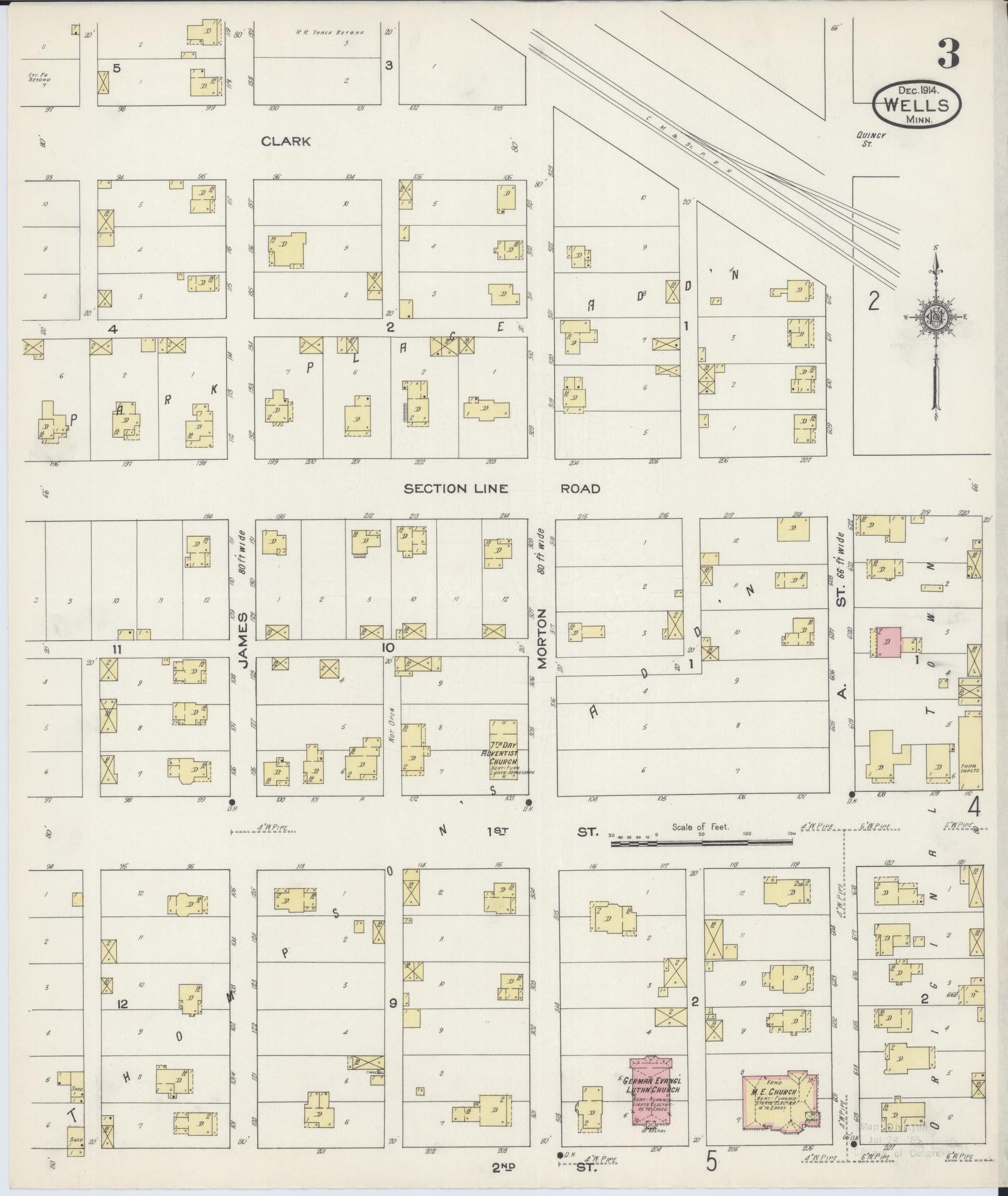 Sanborn Fire Insurance Map from Wells, Faribault County, Minnesota (1914), Sheet #0003 - Complete Map Set gallery image, historic Sanborn map, vintage wall art, Minnesota Minnesota