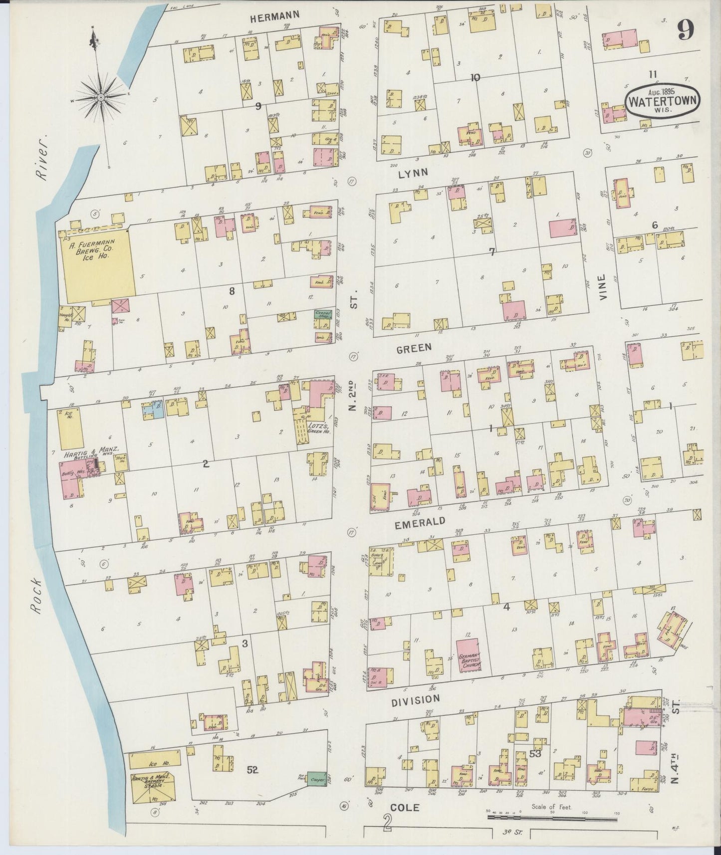Sanborn Fire Insurance Map from Watertown, Jefferson County, Wisconsin (1895), Sheet #0009 - Historic Sanborn Fire Insurance Map Print, vintage old map wall art, antique decor, genealogy gift, Wisconsin Wisconsin map