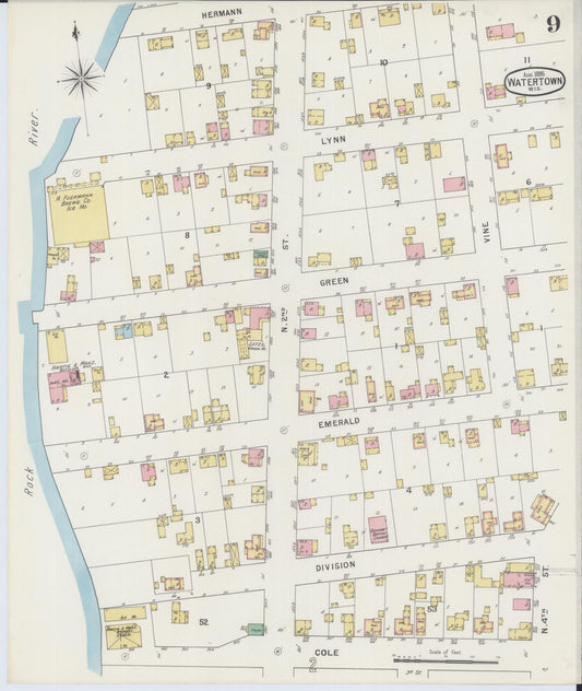 Sanborn Fire Insurance Map from Watertown, Jefferson County, Wisconsin (1895), Sheet #0009 - Historic Sanborn Fire Insurance Map Print, vintage old map wall art, antique decor, genealogy gift, Wisconsin Wisconsin map
