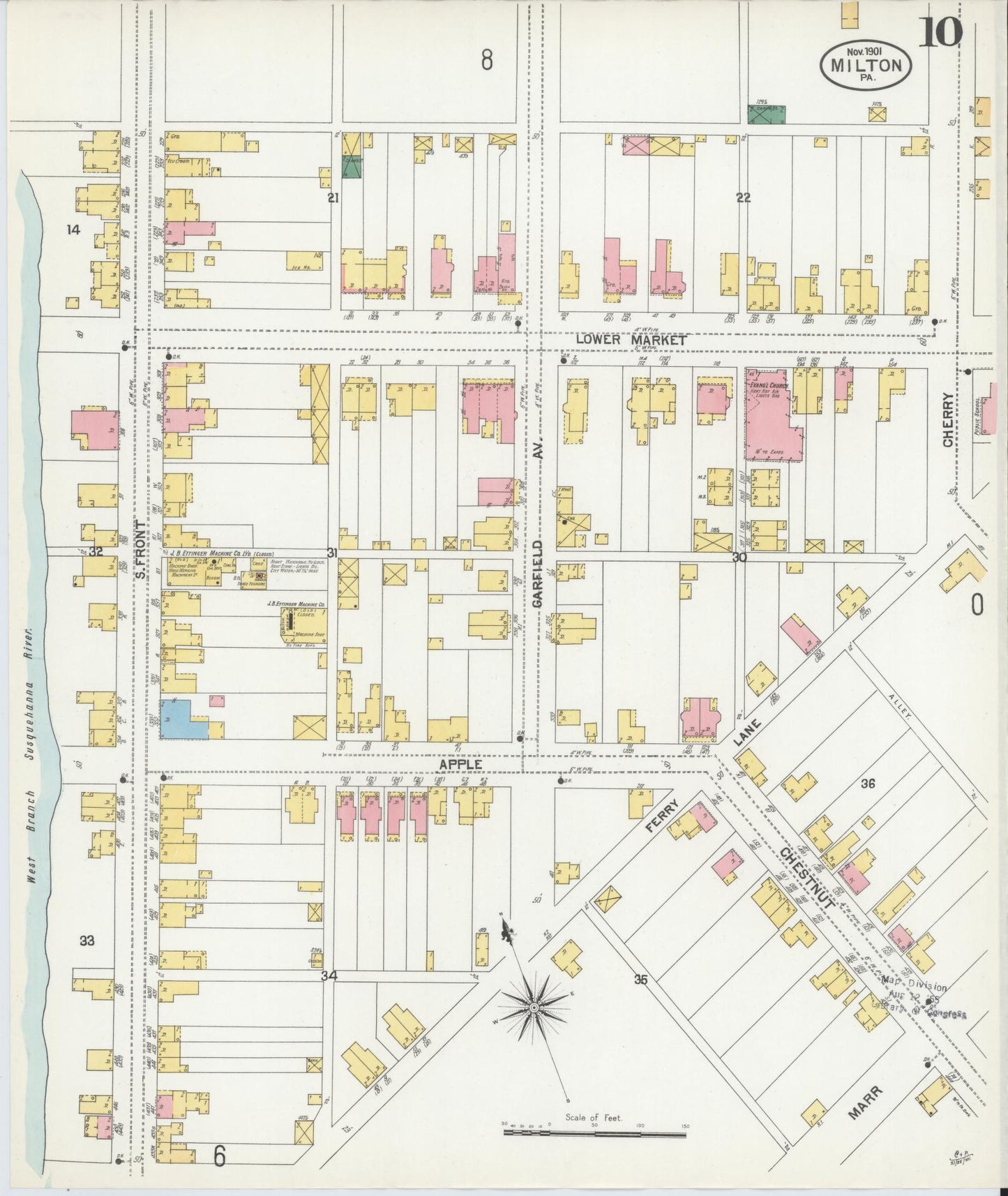 Sanborn Fire Insurance Map from Milton, Northumberland County, Pennsylvania (1901), Sheet #0010 - Historic Sanborn Fire Insurance Map Print, vintage old map wall art, antique decor, genealogy gift, Pennsylvania Pennsylvania map