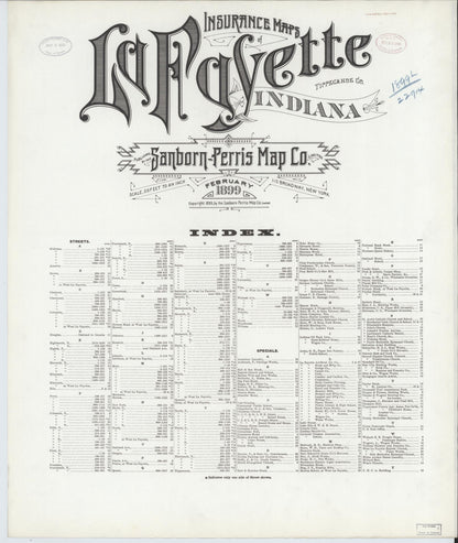 Sanborn Fire Insurance Map from Lafayette, Tippecanoe County, Indiana (1899), Sheet #0001 - Historic Sanborn Fire Insurance Map Print, vintage old map wall art, antique decor, genealogy gift, Indiana Indiana map
