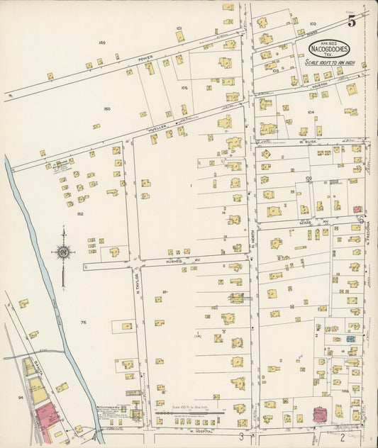 Sanborn Fire Insurance Map from Nacogdoches, Nacogdoches County, Texas (1922), Sheet #0005 - Historic Sanborn Fire Insurance Map Print, vintage old map wall art, antique decor, genealogy gift, Texas Texas map