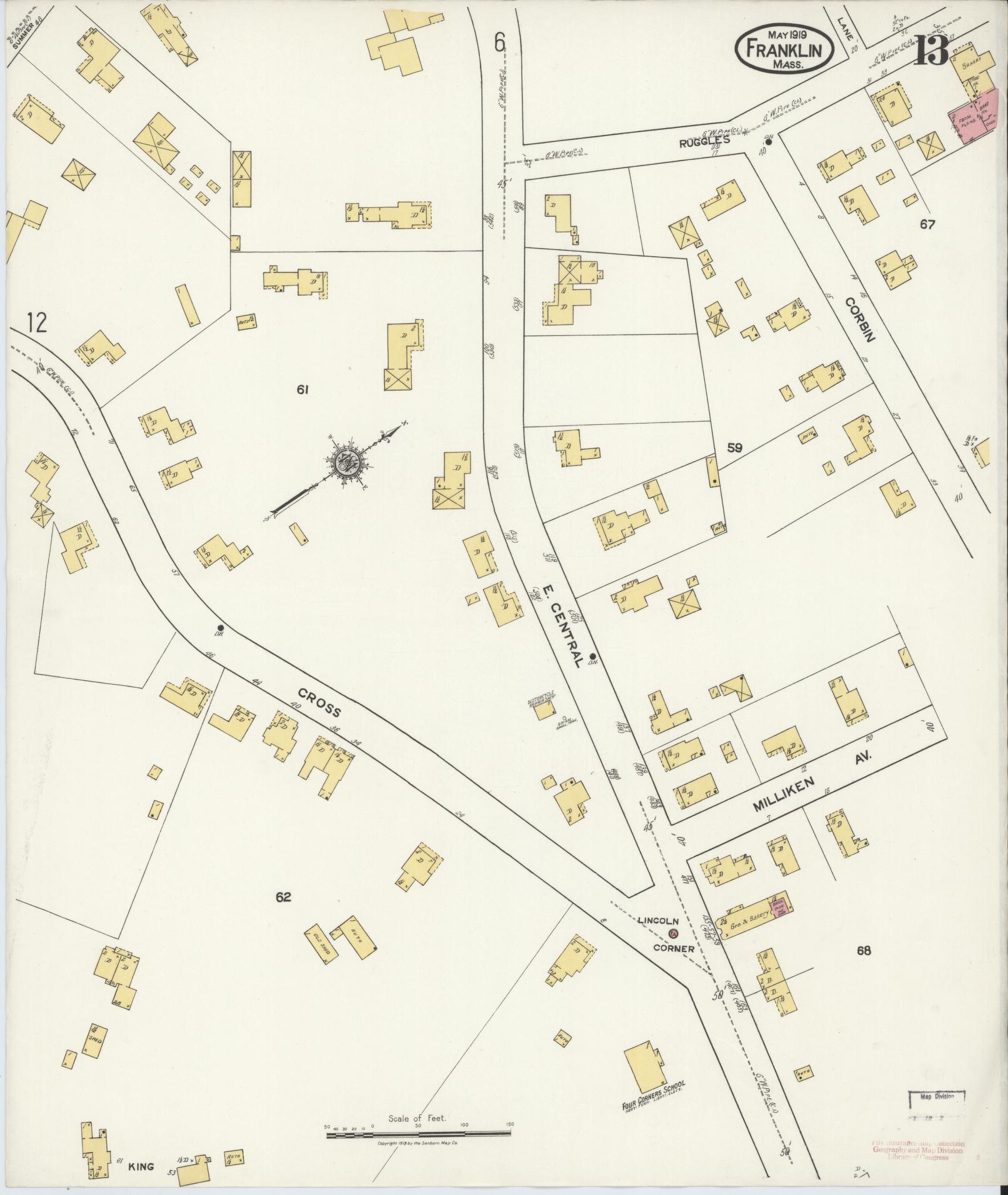 Sanborn Fire Insurance Map from Franklin, Norfolk County, Massachusetts (1919), Sheet #0013 - Complete Map Set gallery image, historic Sanborn map, vintage wall art, Massachusetts Massachusetts