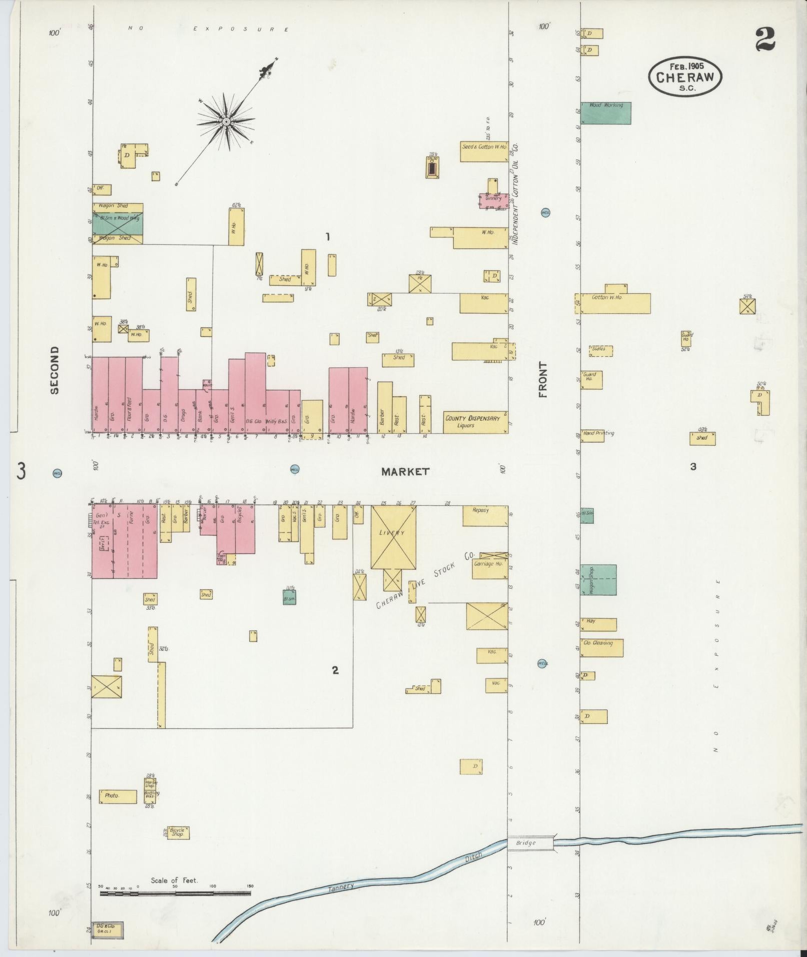Sanborn Fire Insurance Map from Cheraw, Chesterfield County, South Carolina (1905), Sheet #0002 - Historic Sanborn Fire Insurance Map Print, vintage old map wall art, antique decor, genealogy gift, South Carolina South Carolina map