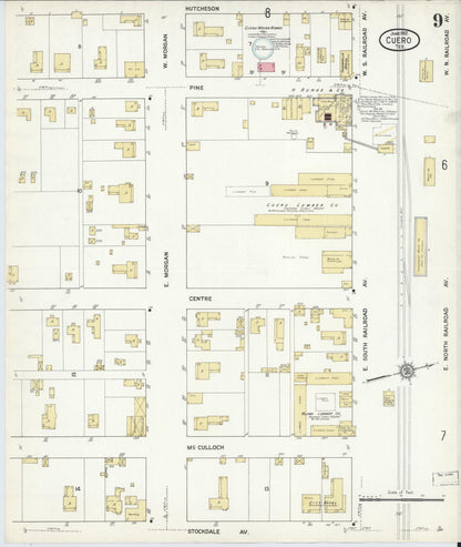 Sanborn Fire Insurance Map from Cuero, De Witt County, Texas (1912), Sheet #0009 - Complete Map Set gallery image, historic Sanborn map, vintage wall art, Texas Texas