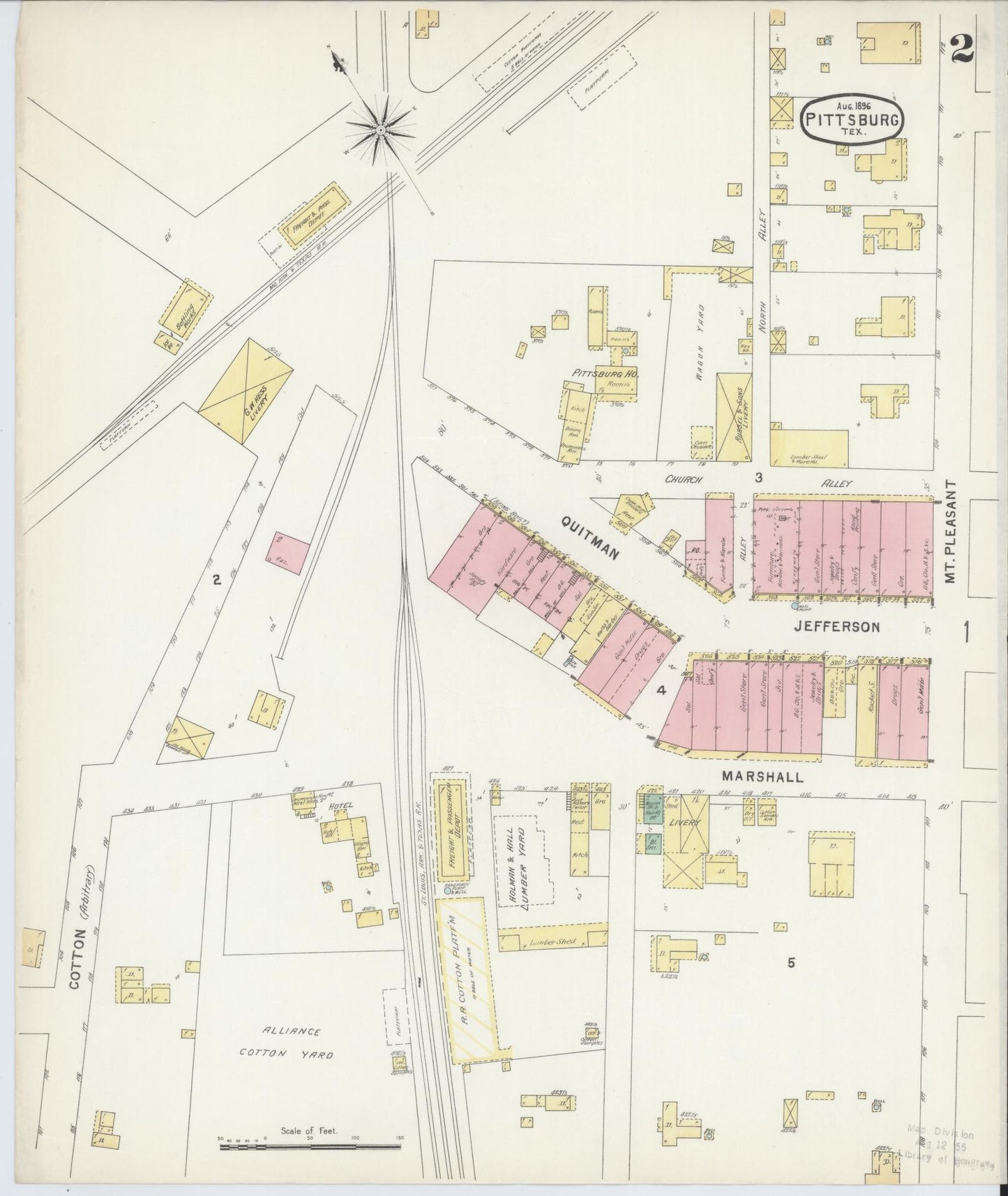 Sanborn Fire Insurance Map from Pittsburg, Camp County, Texas (1896), Sheet #0002 - Complete Map Set gallery image, historic Sanborn map, vintage wall art, Texas Texas
