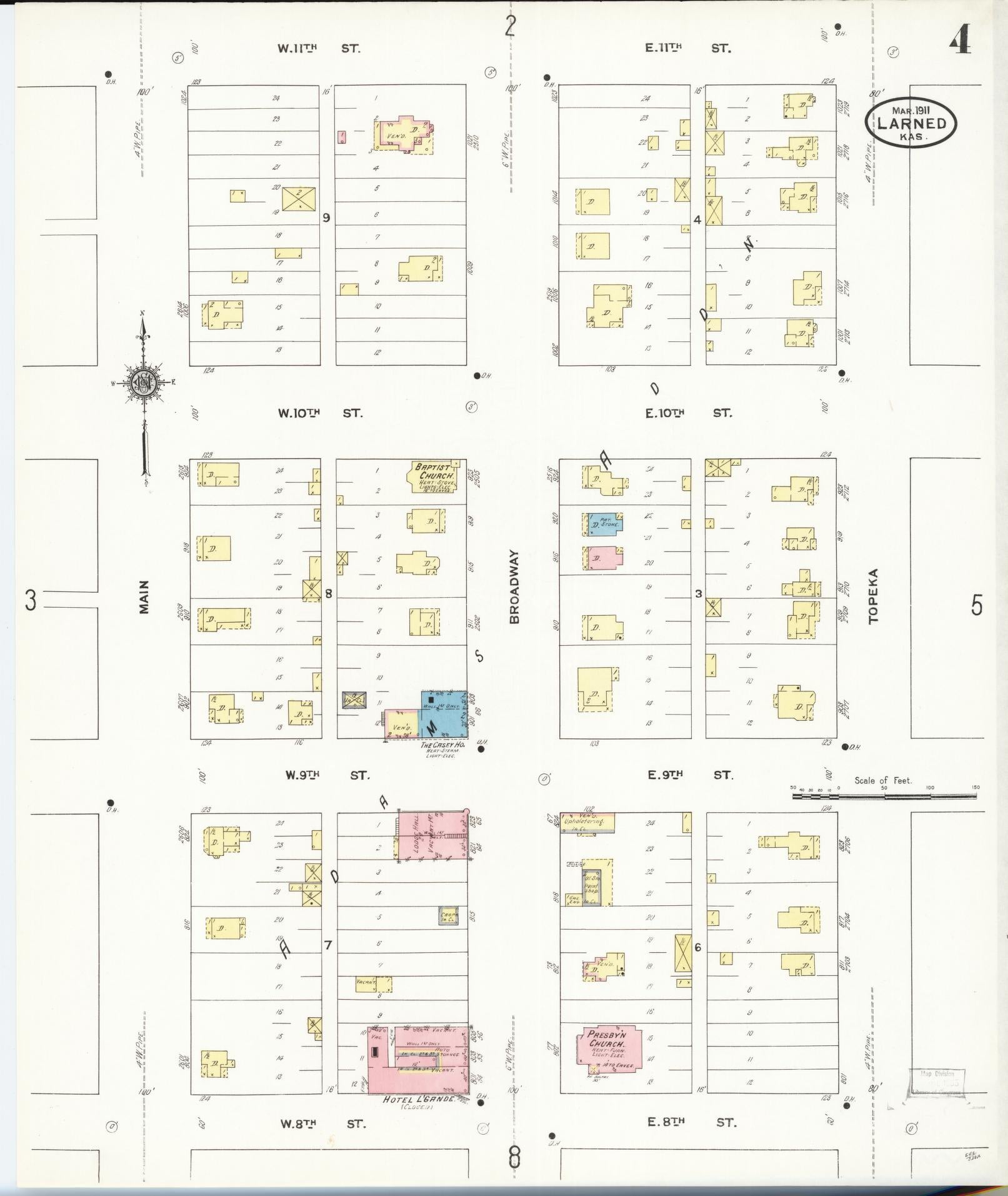 Sanborn Fire Insurance Map from Larned, Pawnee County, Kansas (1911), Sheet #0004 - Complete Map Set gallery image, historic Sanborn map, vintage wall art, Kansas Kansas