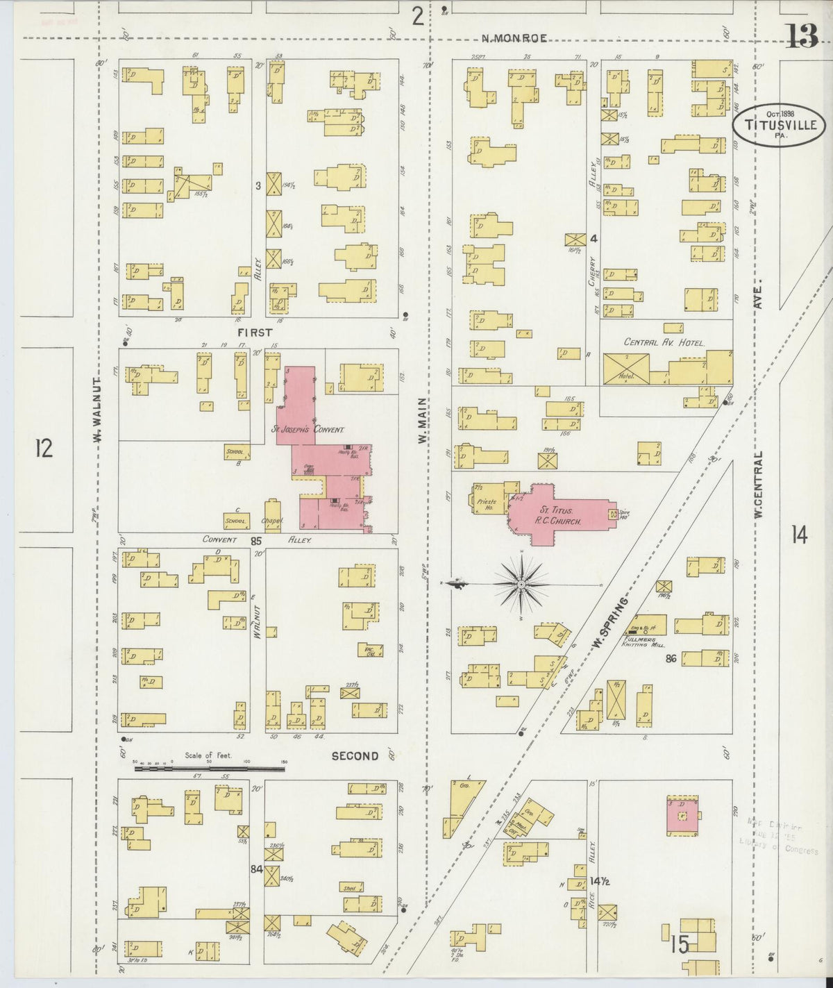 Sanborn Fire Insurance Map from Titusville, Crawford County, Pennsylvania (1898), Sheet #0013 - Historic Sanborn Fire Insurance Map Print, vintage old map wall art, antique decor, genealogy gift, Pennsylvania Pennsylvania map
