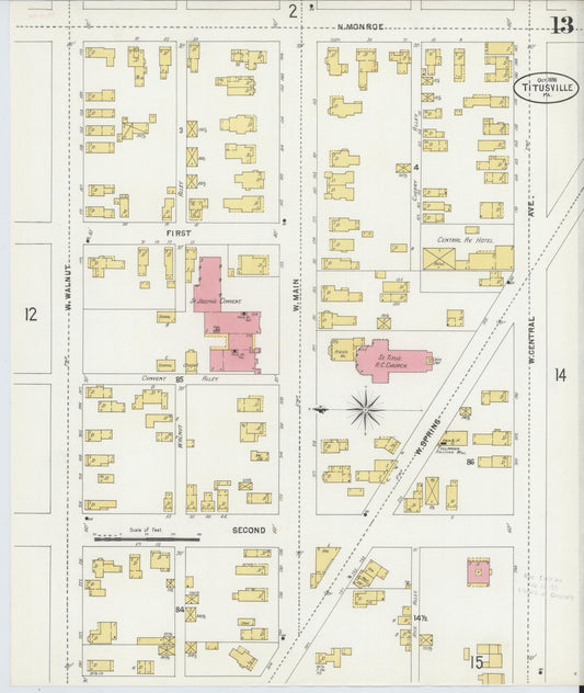 Sanborn Fire Insurance Map from Titusville, Crawford County, Pennsylvania (1898), Sheet #0013 - Historic Sanborn Fire Insurance Map Print, vintage old map wall art, antique decor, genealogy gift, Pennsylvania Pennsylvania map