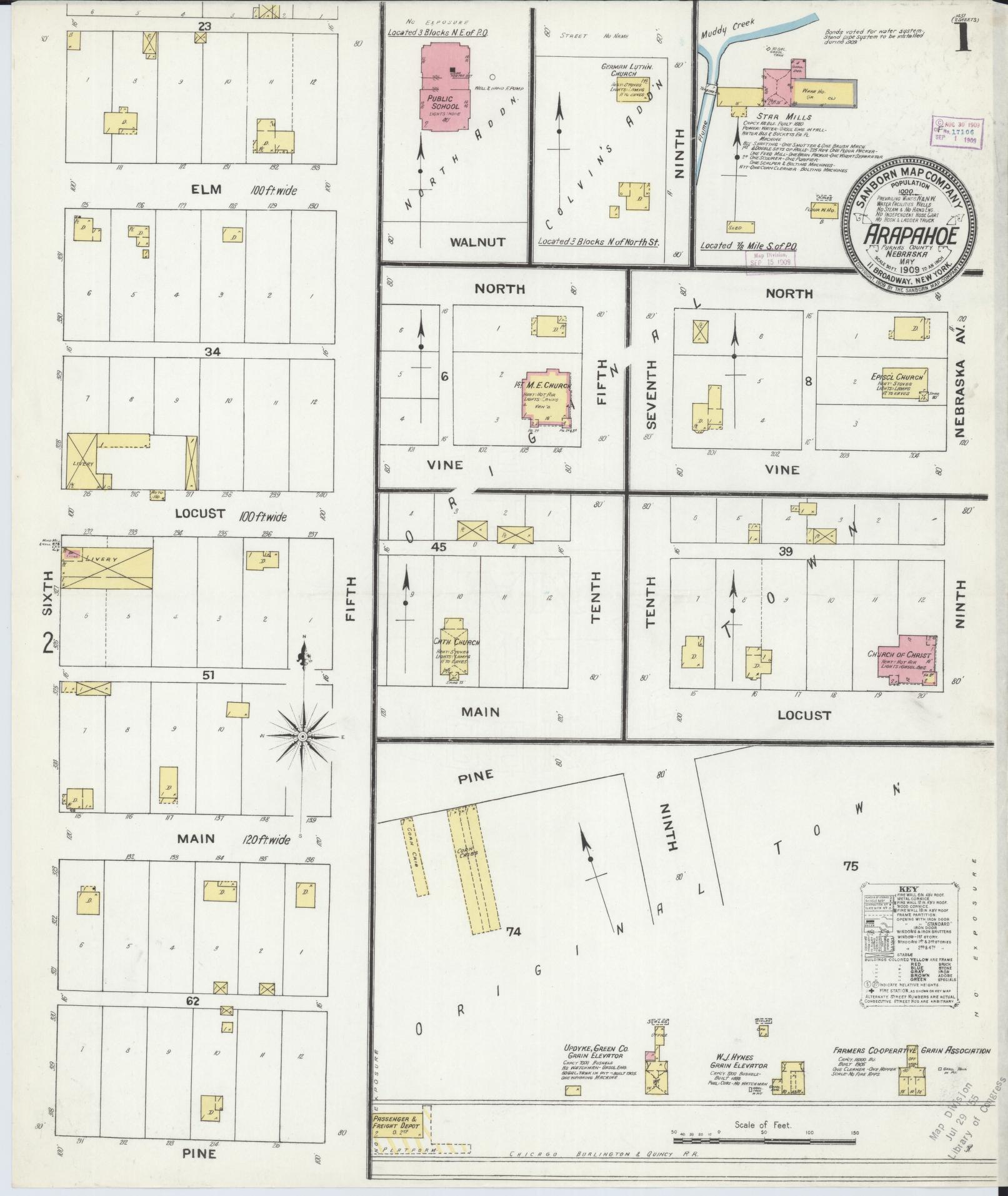 Sanborn Fire Insurance Map from Arapahoe, Furnas County, Nebraska (1909), Sheet #0001 - Historic Sanborn Fire Insurance Map Print, vintage old map wall art, antique decor, genealogy gift, Nebraska Nebraska map