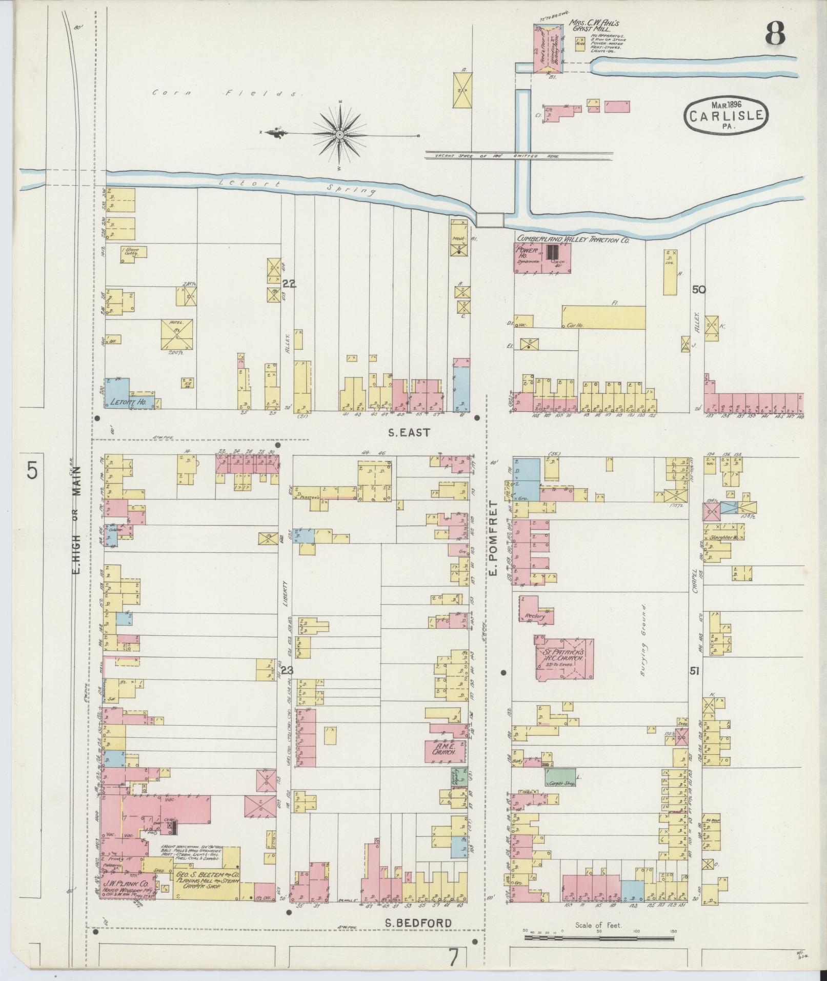 Sanborn Fire Insurance Map from Carlisle, Cumberland County, Pennsylvania (1896), Sheet #0008 - Historic Sanborn Fire Insurance Map Print, vintage old map wall art, antique decor, genealogy gift, Pennsylvania Pennsylvania map