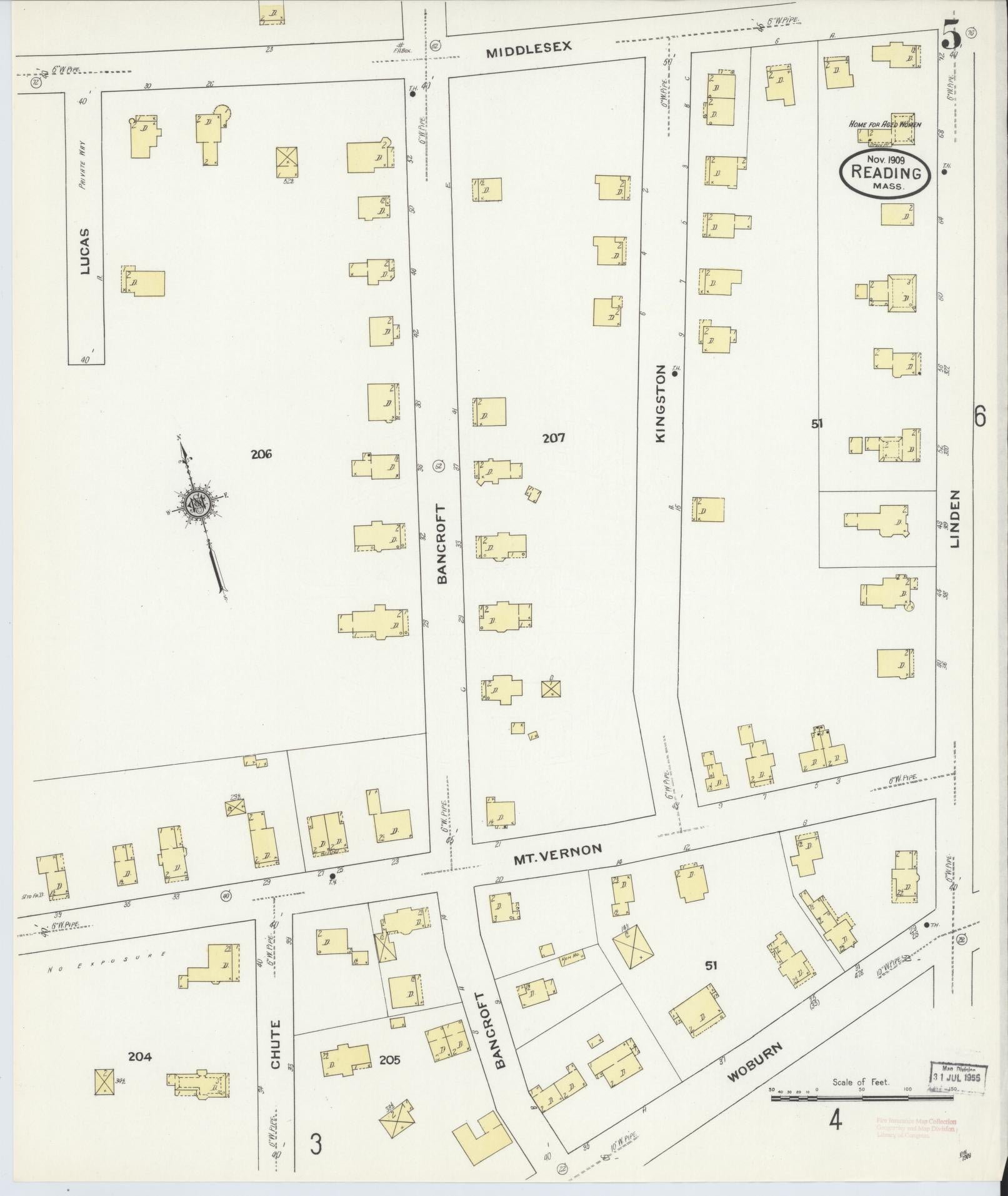 Sanborn Fire Insurance Map from Reading, Middlesex County, Massachusetts (1909), Sheet #0005 - Historic Sanborn Fire Insurance Map Print, vintage old map wall art, antique decor, genealogy gift, Massachusetts Massachusetts map
