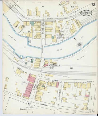 Sanborn Fire Insurance Map from Ashtabula, Ashtabula County, Ohio (1893), Sheet #0013 - Historic Sanborn Fire Insurance Map Print, vintage old map wall art, antique decor, genealogy gift, Ohio Ohio map