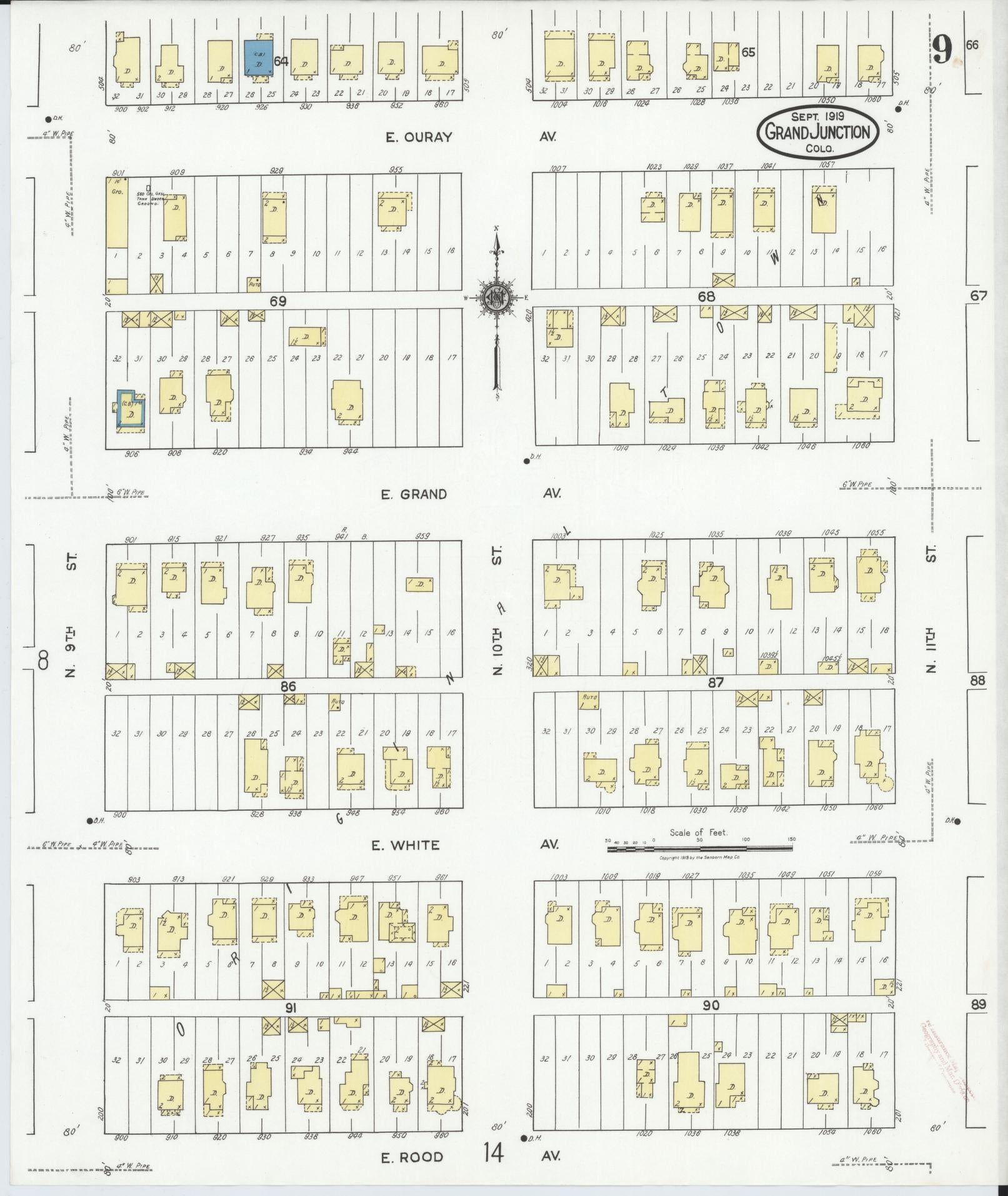 Sanborn Fire Insurance Map from Grand Junction, Mesa County, Colorado (1919), Sheet #0009 - Historic Sanborn Fire Insurance Map Print, vintage old map wall art, antique decor, genealogy gift, Colorado Colorado map