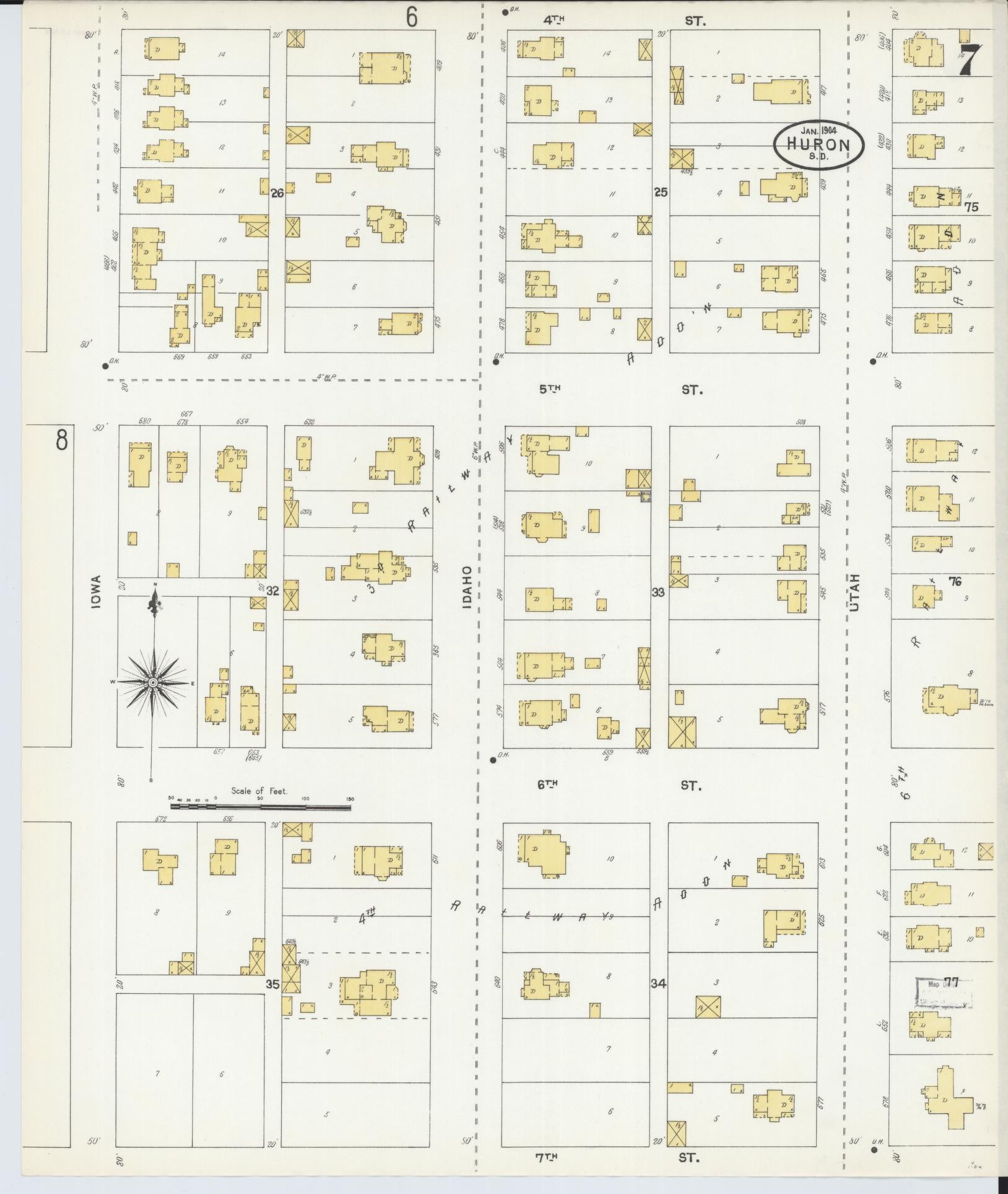 Sanborn Fire Insurance Map from Huron, Beadle County, South Dakota (1904), Sheet #0007 - Complete Map Set gallery image, historic Sanborn map, vintage wall art, South Dakota South Dakota