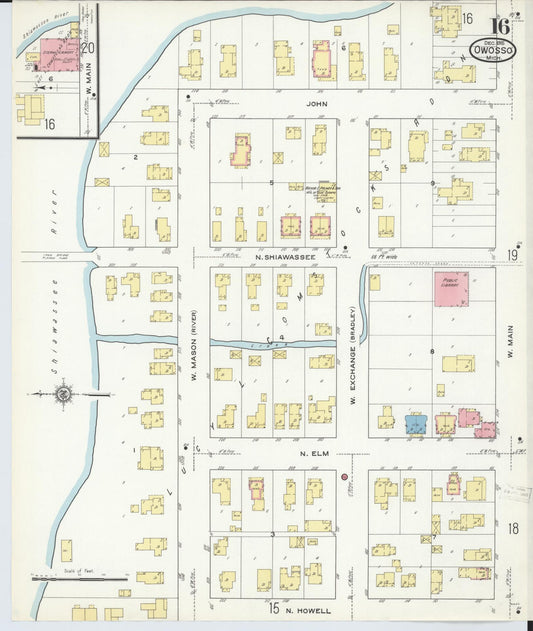 Sanborn Fire Insurance Map from Owosso, Shiawassee County, Michigan (1915), Sheet #0016 - Historic Sanborn Fire Insurance Map Print, vintage old map wall art, antique decor, genealogy gift, Michigan Michigan map