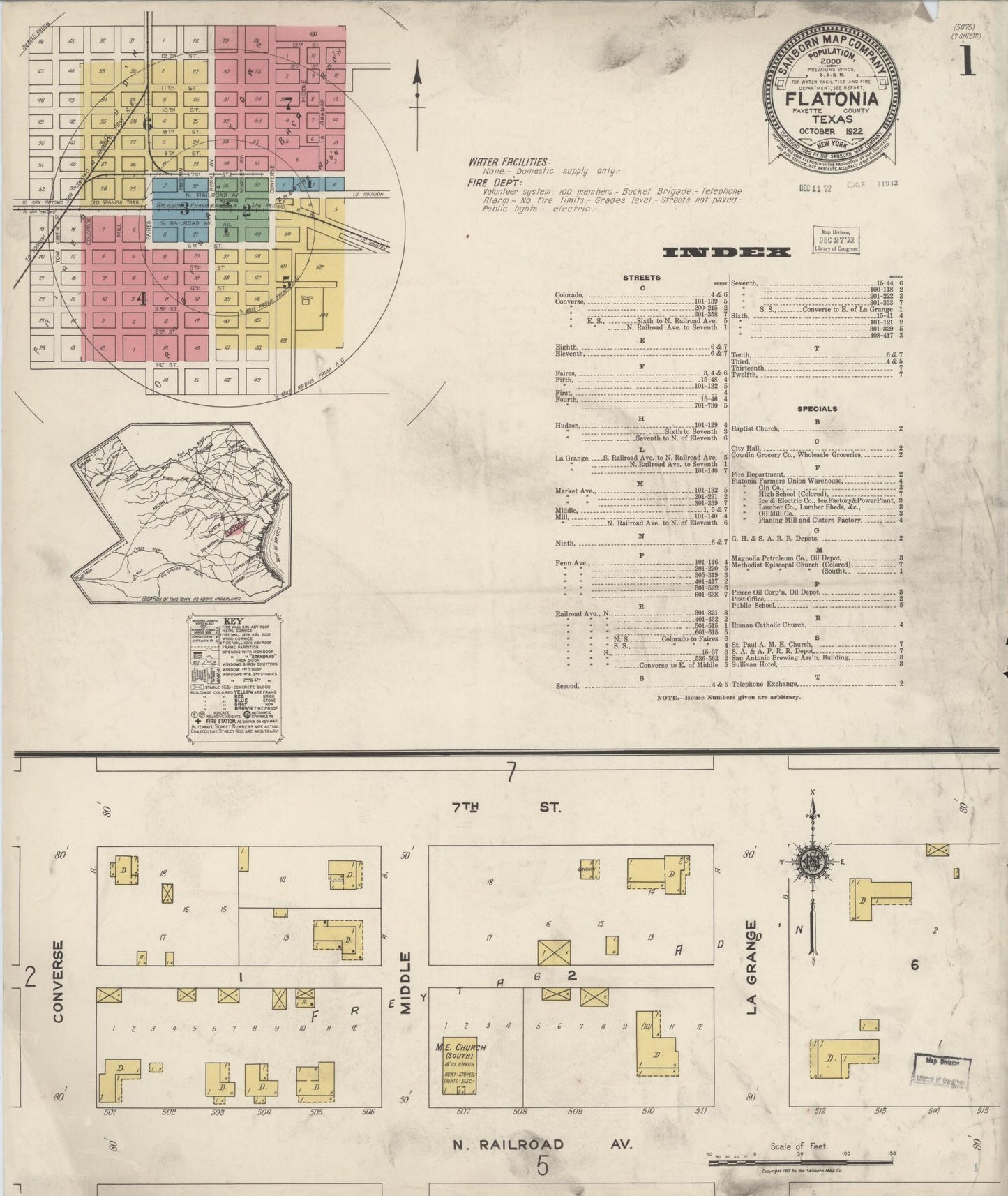 Sanborn Fire Insurance Map from Flatonia, Fayette County, Texas (1922), Sheet #0001 - Historic Sanborn Fire Insurance Map Print, vintage old map wall art, antique decor, genealogy gift, Texas Texas map