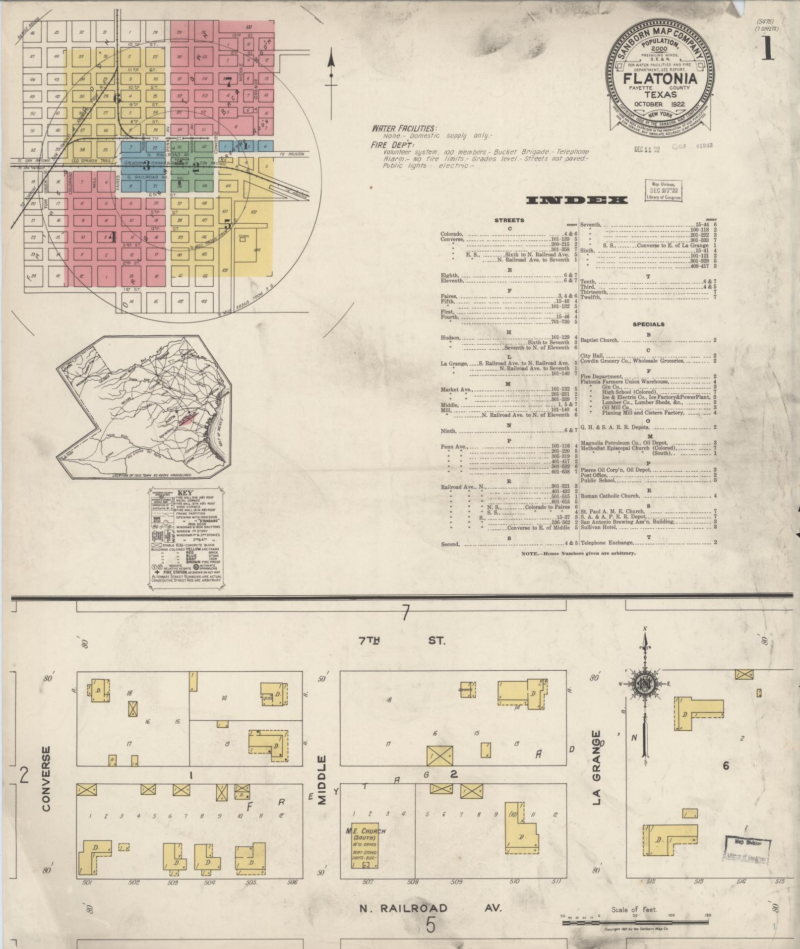 Sanborn Fire Insurance Map from Flatonia, Fayette County, Texas (1922), Sheet #0001 - Historic Sanborn Fire Insurance Map Print, vintage old map wall art, antique decor, genealogy gift, Texas Texas map
