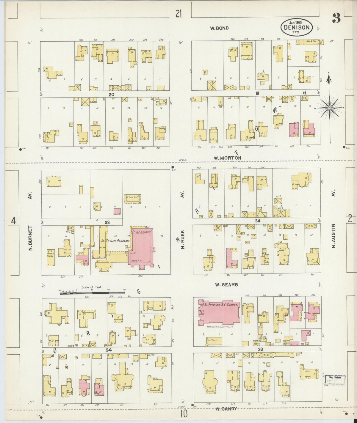 Sanborn Fire Insurance Map from Denison, Grayson County, Texas (1903), Sheet #0003 - Historic Sanborn Fire Insurance Map Print, vintage old map wall art, antique decor, genealogy gift, Texas Texas map