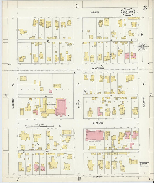 Sanborn Fire Insurance Map from Denison, Grayson County, Texas (1903), Sheet #0003 - Historic Sanborn Fire Insurance Map Print, vintage old map wall art, antique decor, genealogy gift, Texas Texas map
