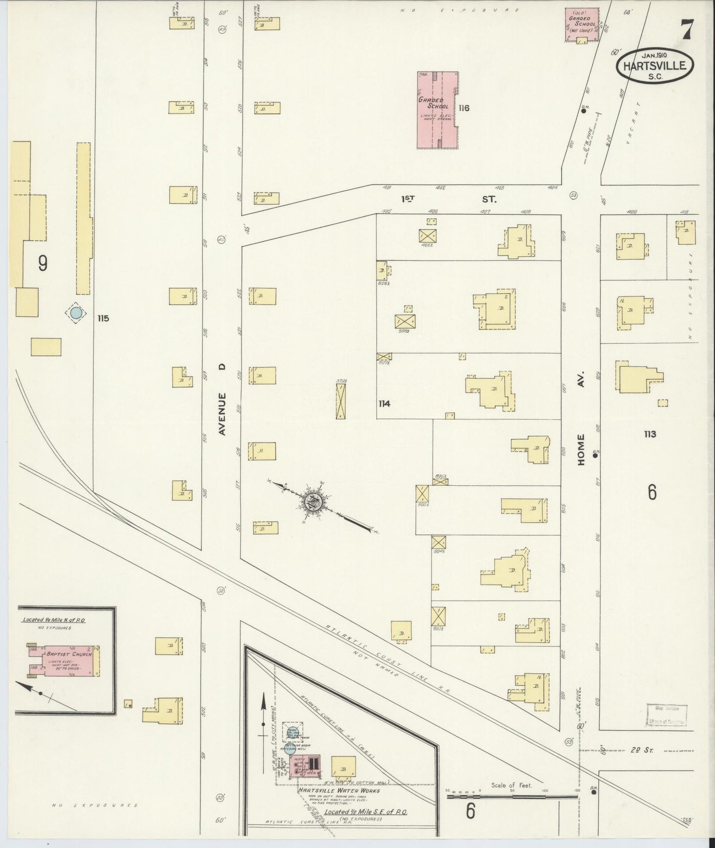 Sanborn Fire Insurance Map from Hartsville, Darlington County, South Carolina (1910), Sheet #0007 - Complete Map Set gallery image, historic Sanborn map, vintage wall art, South Carolina South Carolina
