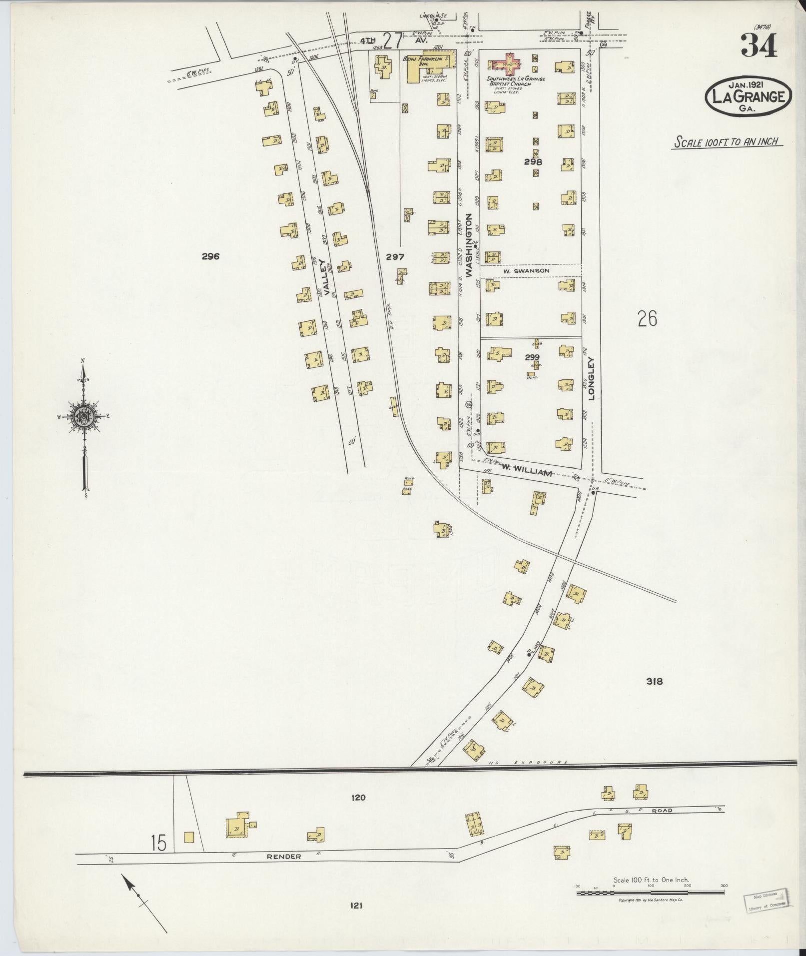 Sanborn Fire Insurance Map from La Grange, Troup County, Georgia (1921), Sheet #0034 - Historic Sanborn Fire Insurance Map Print, vintage old map wall art, antique decor, genealogy gift, Georgia Georgia map