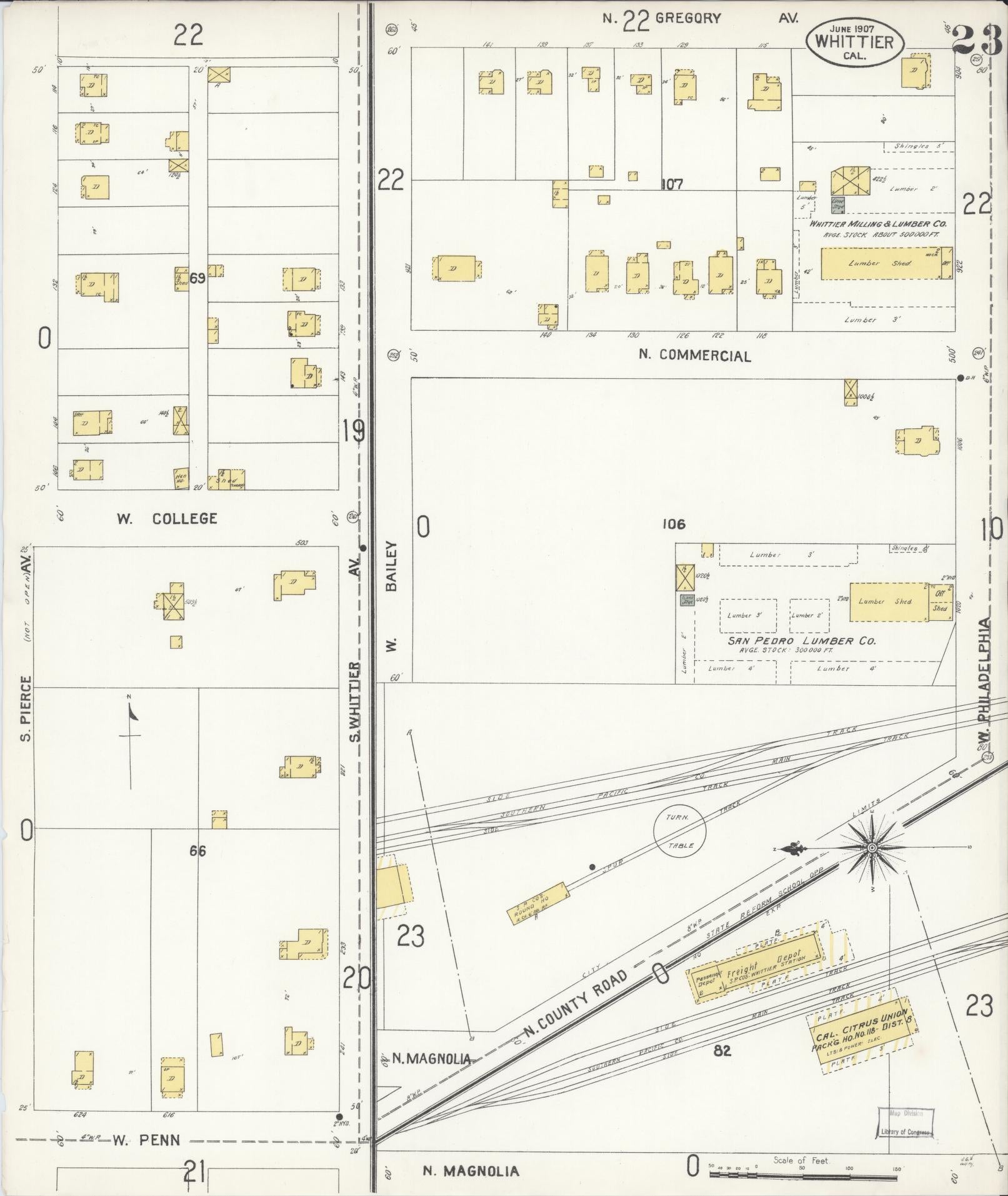 Sanborn Fire Insurance Map from Whittier, Los Angeles County, California (1907), Sheet #0023 - Complete Map Set gallery image, historic Sanborn map, vintage wall art, California California