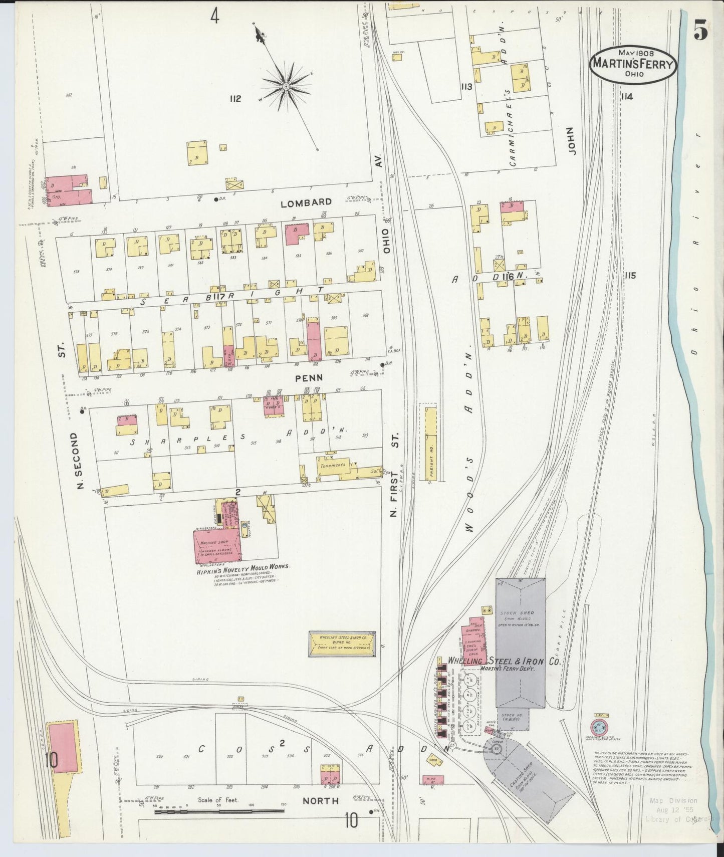 Sanborn Fire Insurance Map from Martins Ferry, Belmont County, Ohio (1908), Sheet #0005 - Historic Sanborn Fire Insurance Map Print, vintage old map wall art, antique decor, genealogy gift, Ohio Ohio map